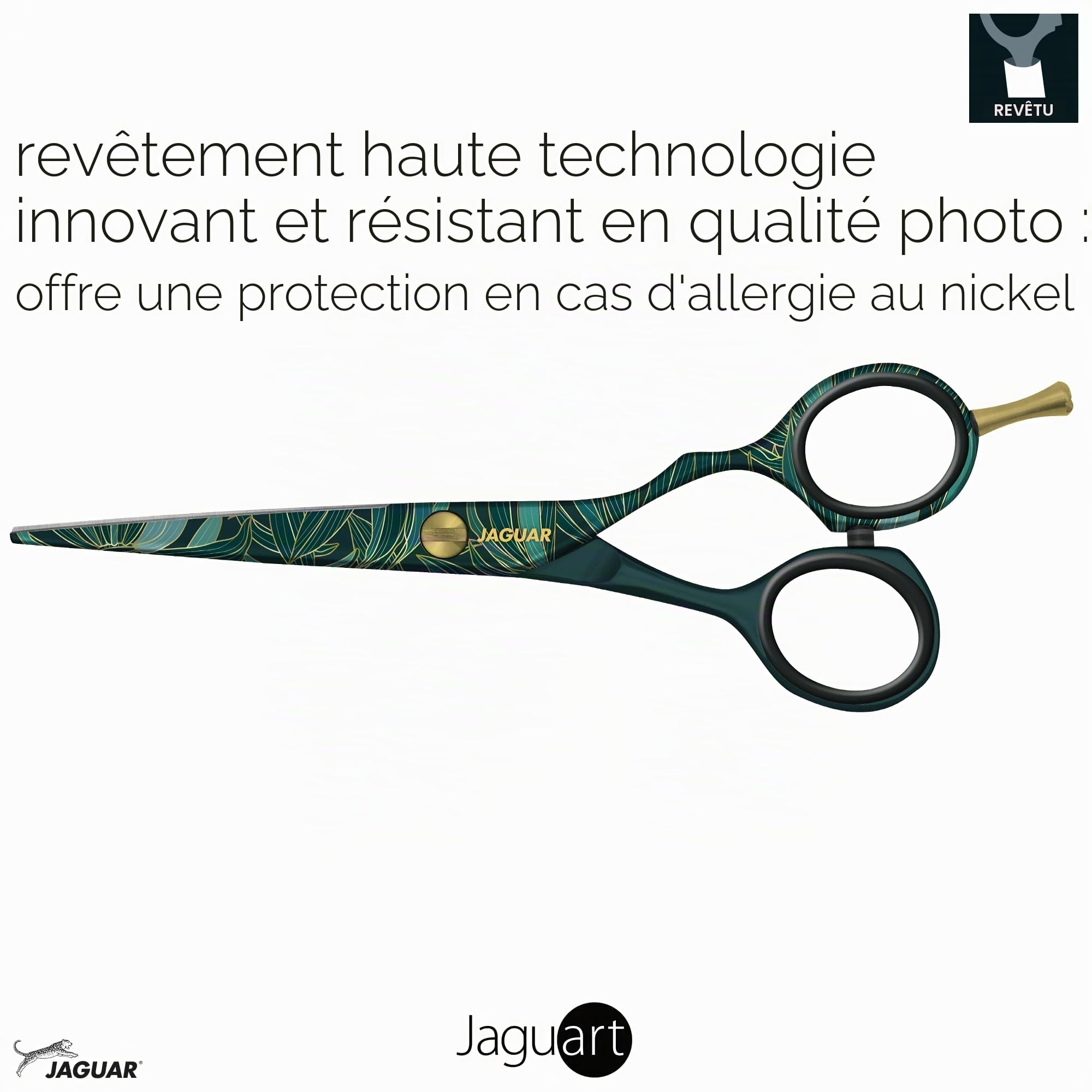 JAGUAR Ciseaux à cheveux JaguART EXOTIC ISLAND 5.5" | Ciseaux de coiffeur en design offset | Revêtement high-tech anti-allergénique et résistant en qualité photo | Fabriqués en Allemagne