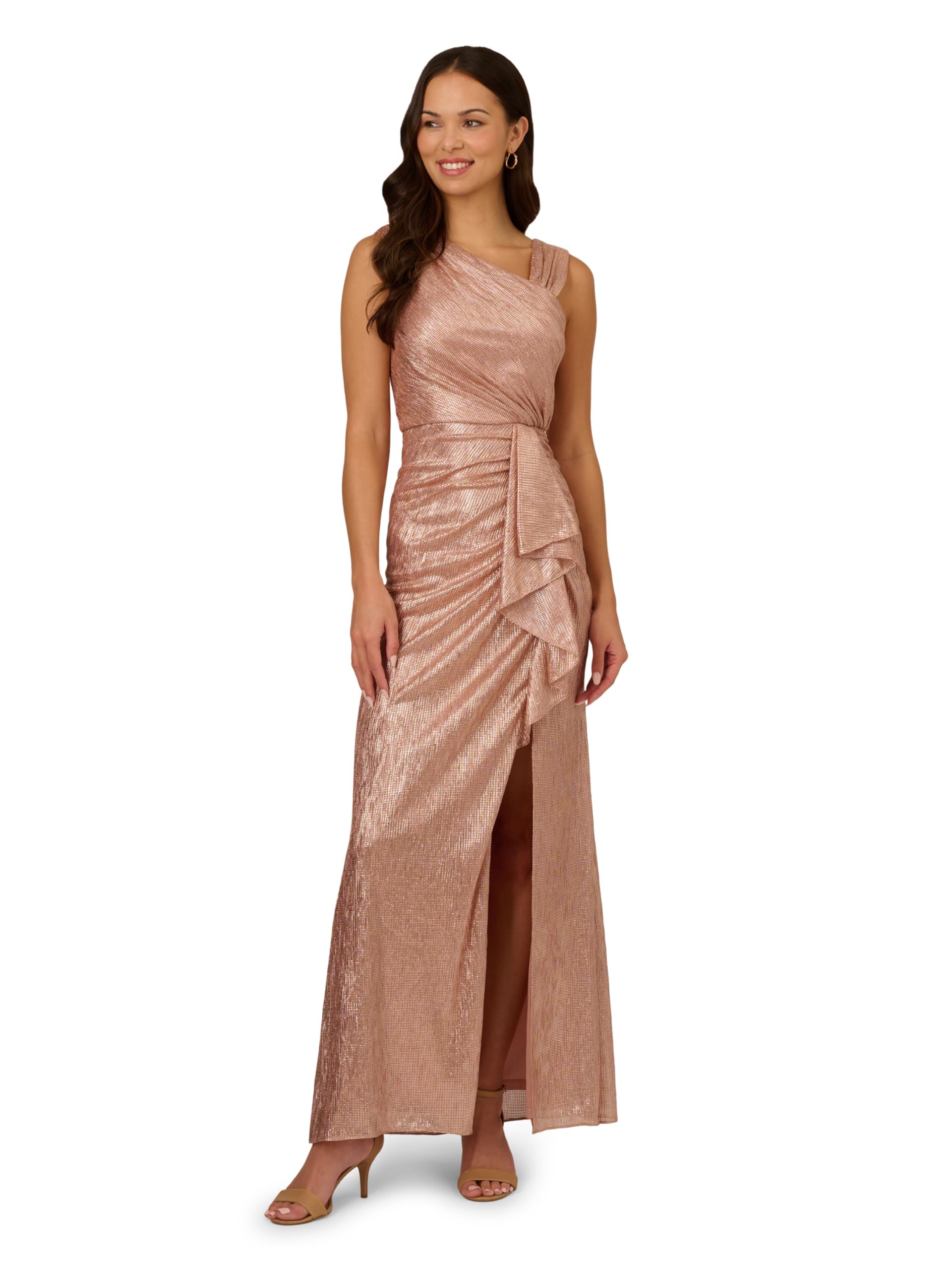 Photo 1 of Adrianna Papell Women's Metallic Foil Long Dress | Formal Metallic Evening Gown with Asymmetrical Neckline & High Leg Slit