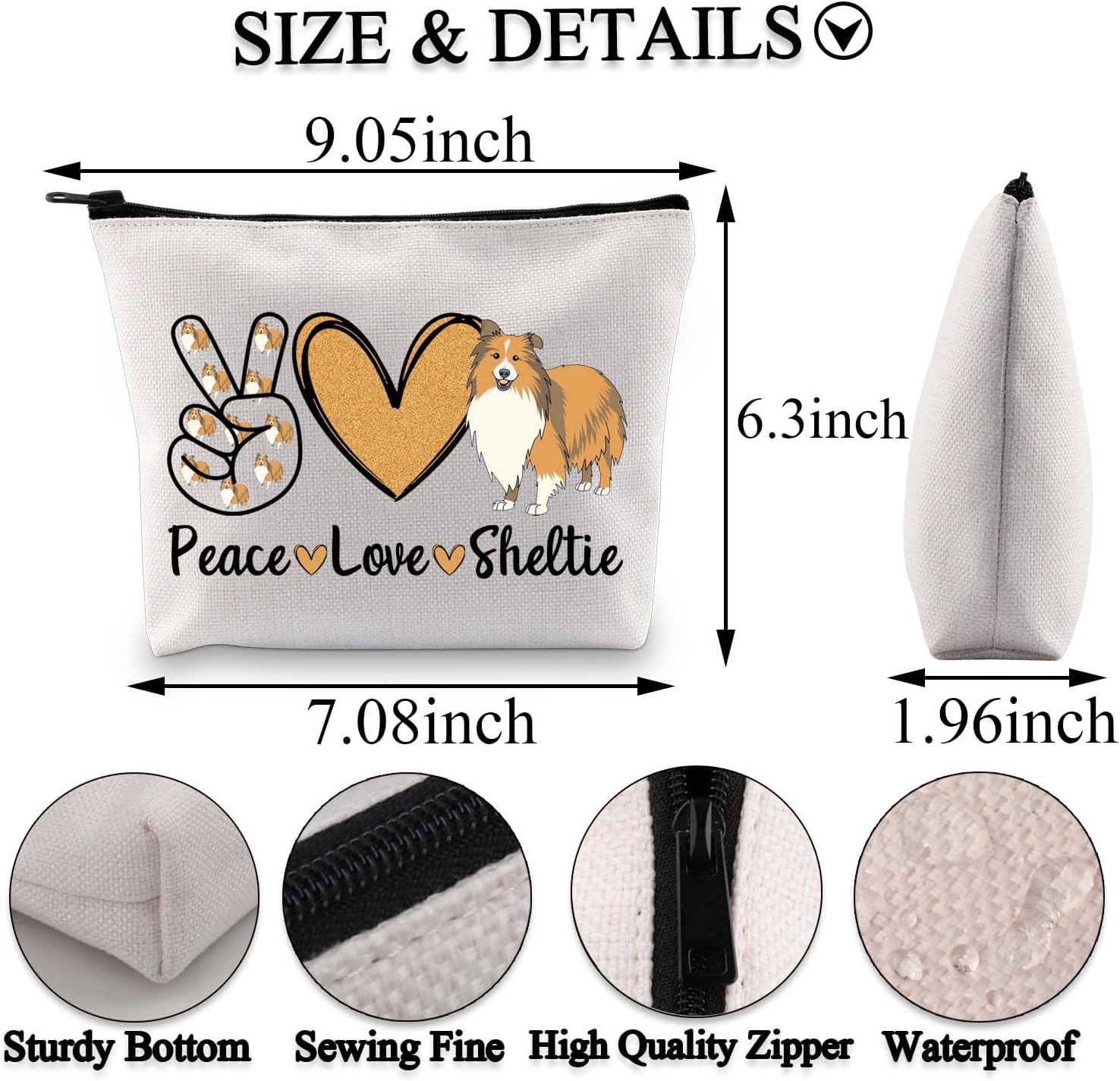 BDPWSS Sheltie Dog Lovers Gifts For Women Sheltie Mom Makeup Bag Shetland Sheepdogs Gift Peace Love Sheltie Cosmetic Bag (Peace Sheltie bag) image 2