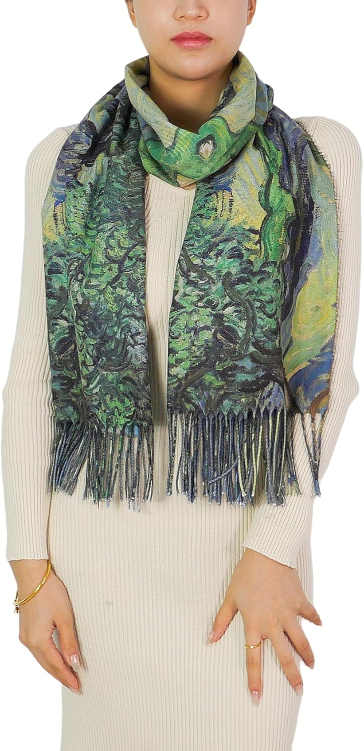 Wander Agio Fashion Painting Scarf for Women Long Shawl Large Warm Scarves Cashmere Feel Retro Fall Shawls