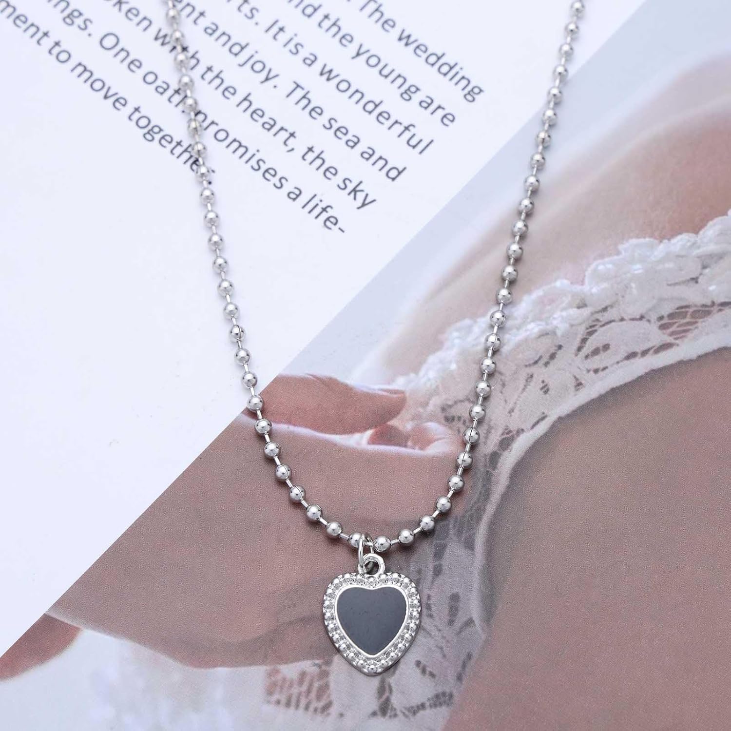 Vintage Enamel Heart Pendant Necklace Black Heart Choker Necklace Heart Love Necklace Silver Ball Chain Necklace for Women - Image 5