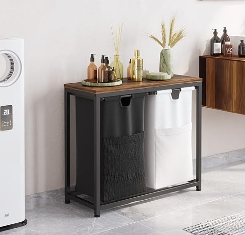 Miniatura 8 de LIVEHOM Cesta de lavandería doble con bolsas extraíbles asas de tela estante superior grande y bolsa de lavandería para baño dormitorio cuarto de