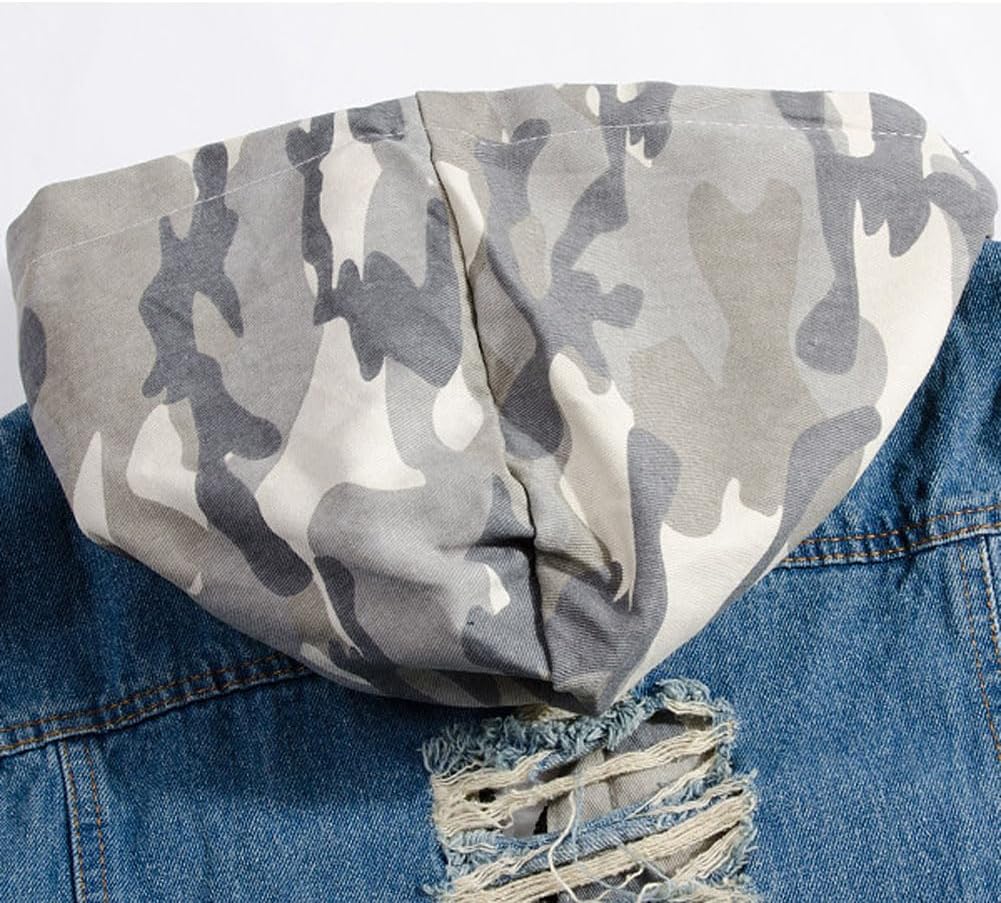 Denim Vest Men Ripped Distressed Destroyed Hooded Sleeveless Button Down Jean Vest