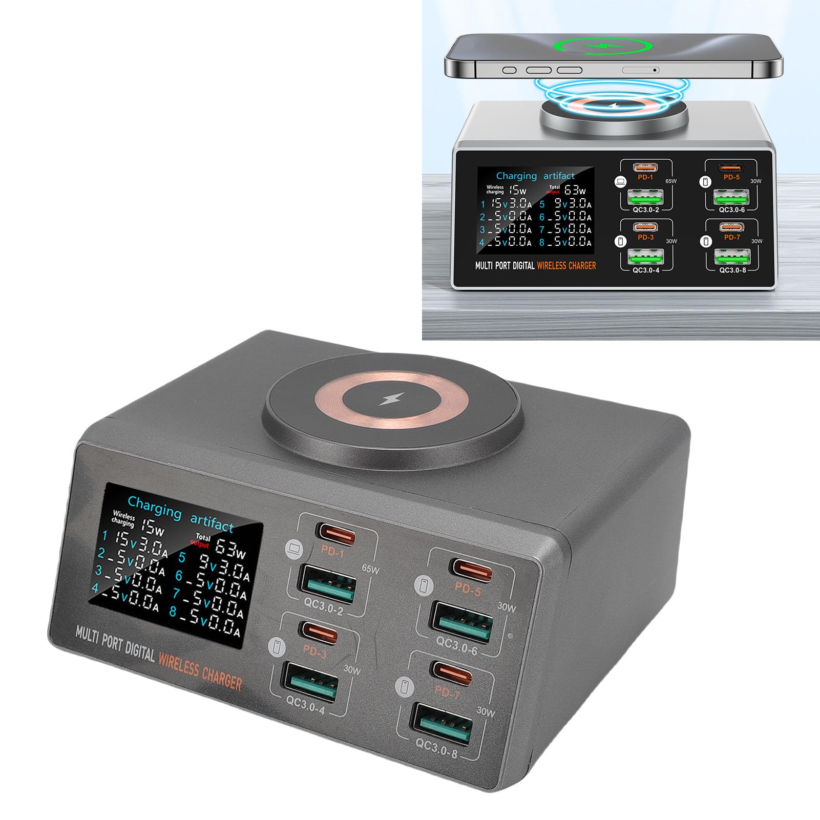 Stazione di Ricarica, Caricabatterie Tavolo 140W con Display LCD, Multiporta con PD da 65W, QC3.0, Ricarica Wireless Magnetica 15W, Supporta 9 (Spina europea)