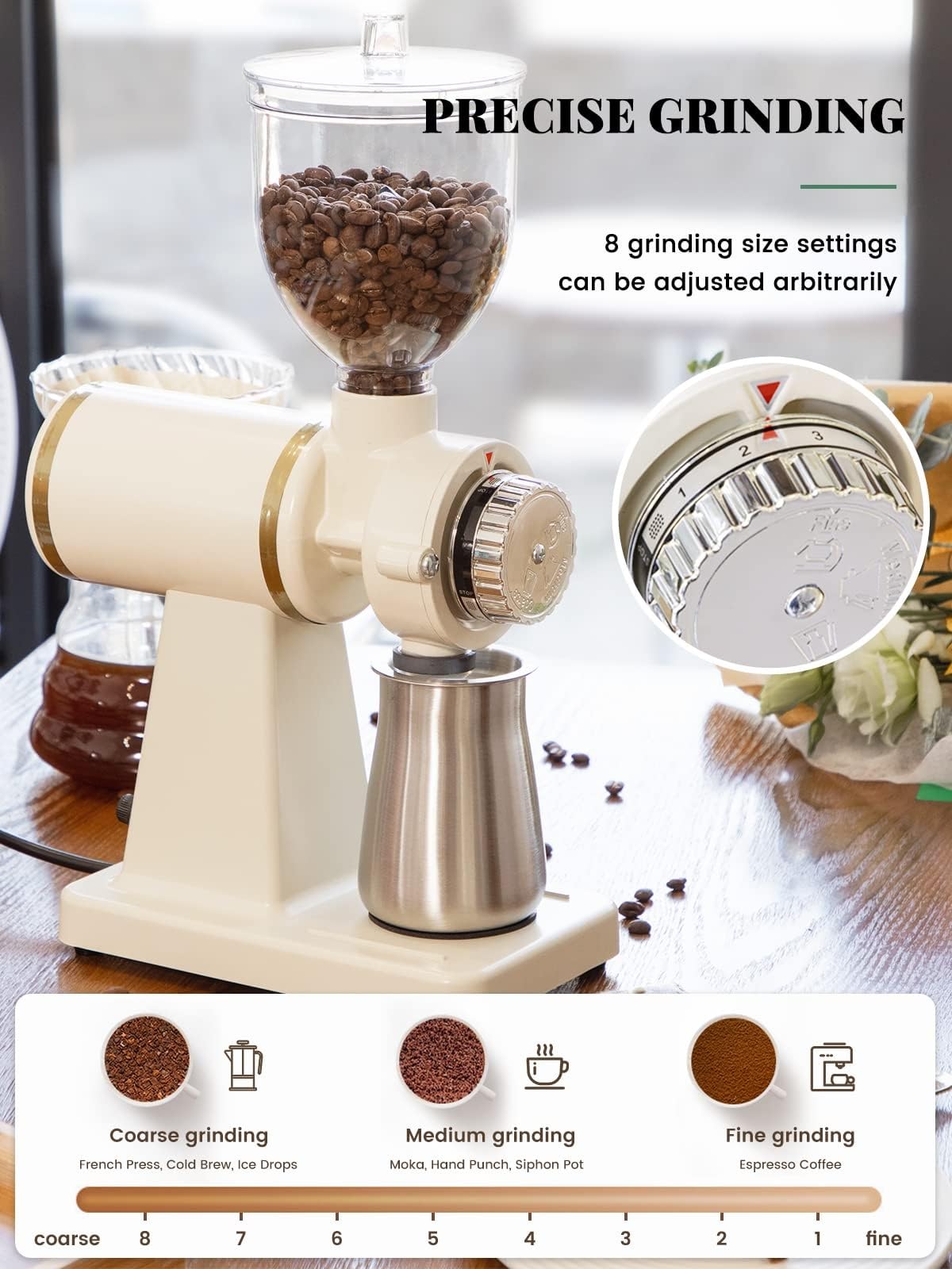 Elektryczny młynek żarnowy do kawy z 8 ustawieniami mielenia, do espresso, kawy przelewowej, kawy French Press i kawy perkolatorowej
