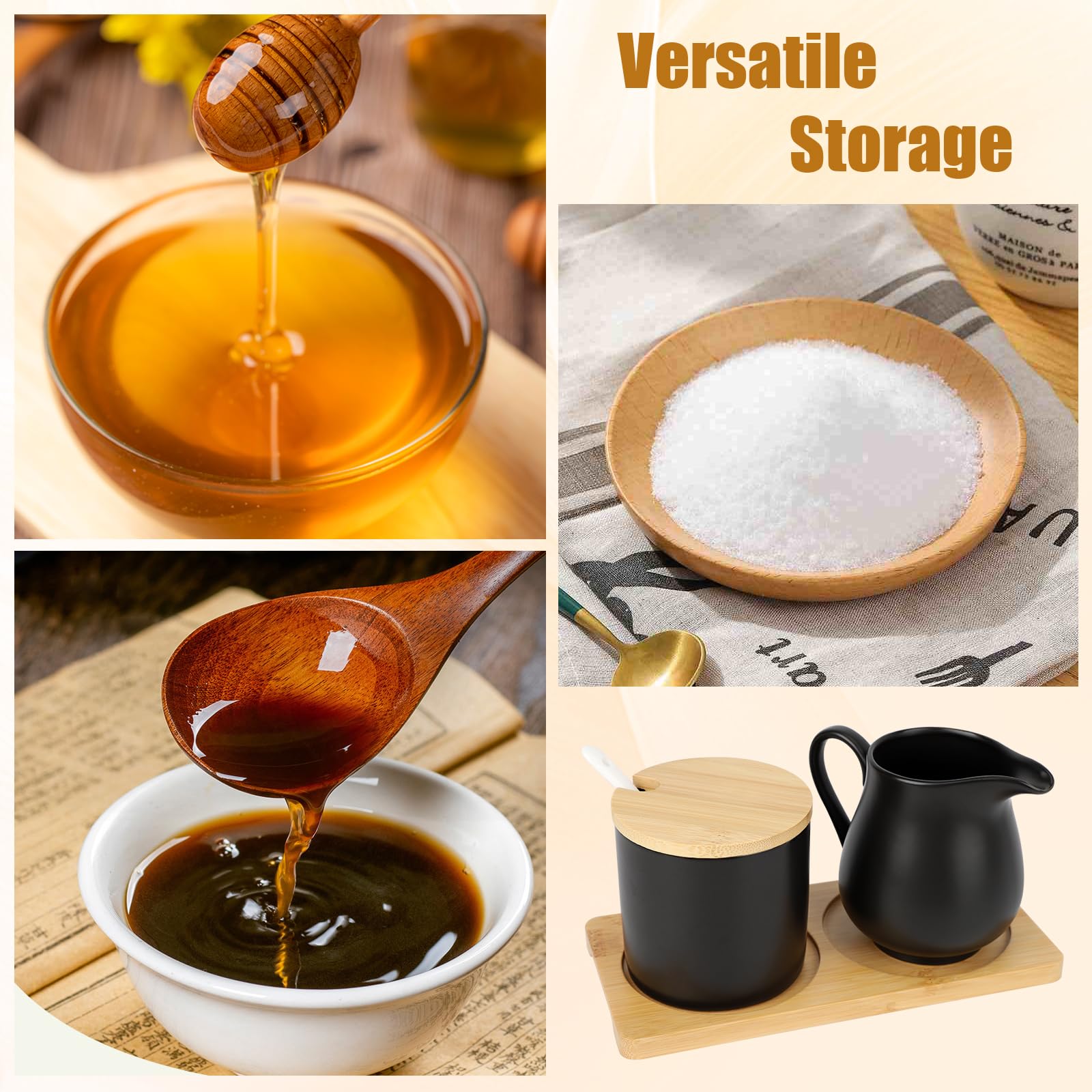 Set di Latte e Zucchero con Coperchio e Cucchiaio, brocca per Latte in Ceramica Bianca e zuccheriera con Vassoio in Legno, Lavabile in lavastoviglie e microonde (Nero)