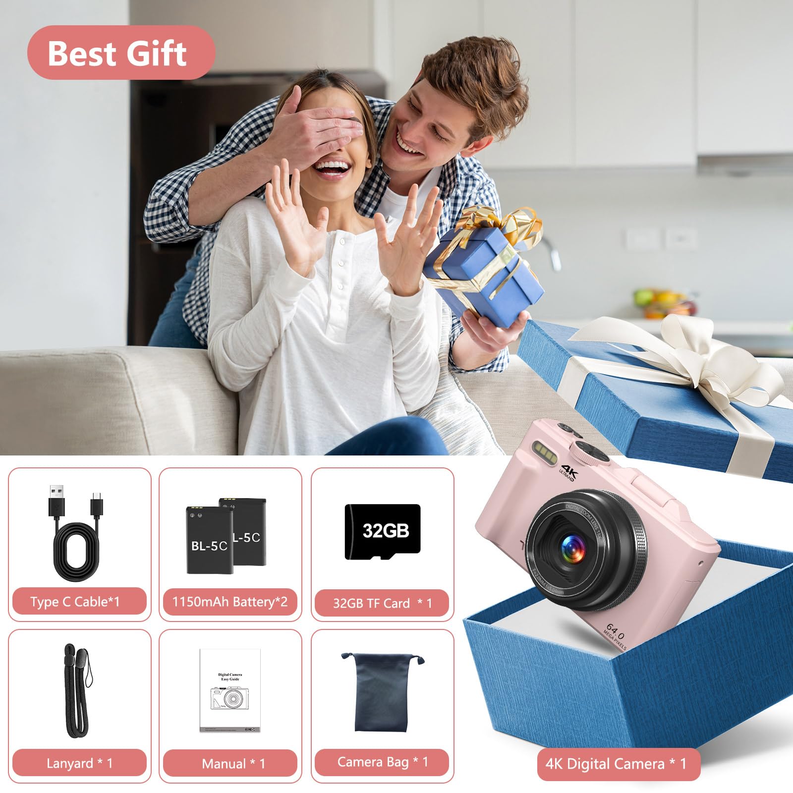 Fotocamera digitale per fotografia, 4K Vlogging Camera per YouTube 3 pollici 180° Flip Screen Zoom digitale 18X Fotocamera compatta con 32GB TF Card & 2 Batterie, Rosa