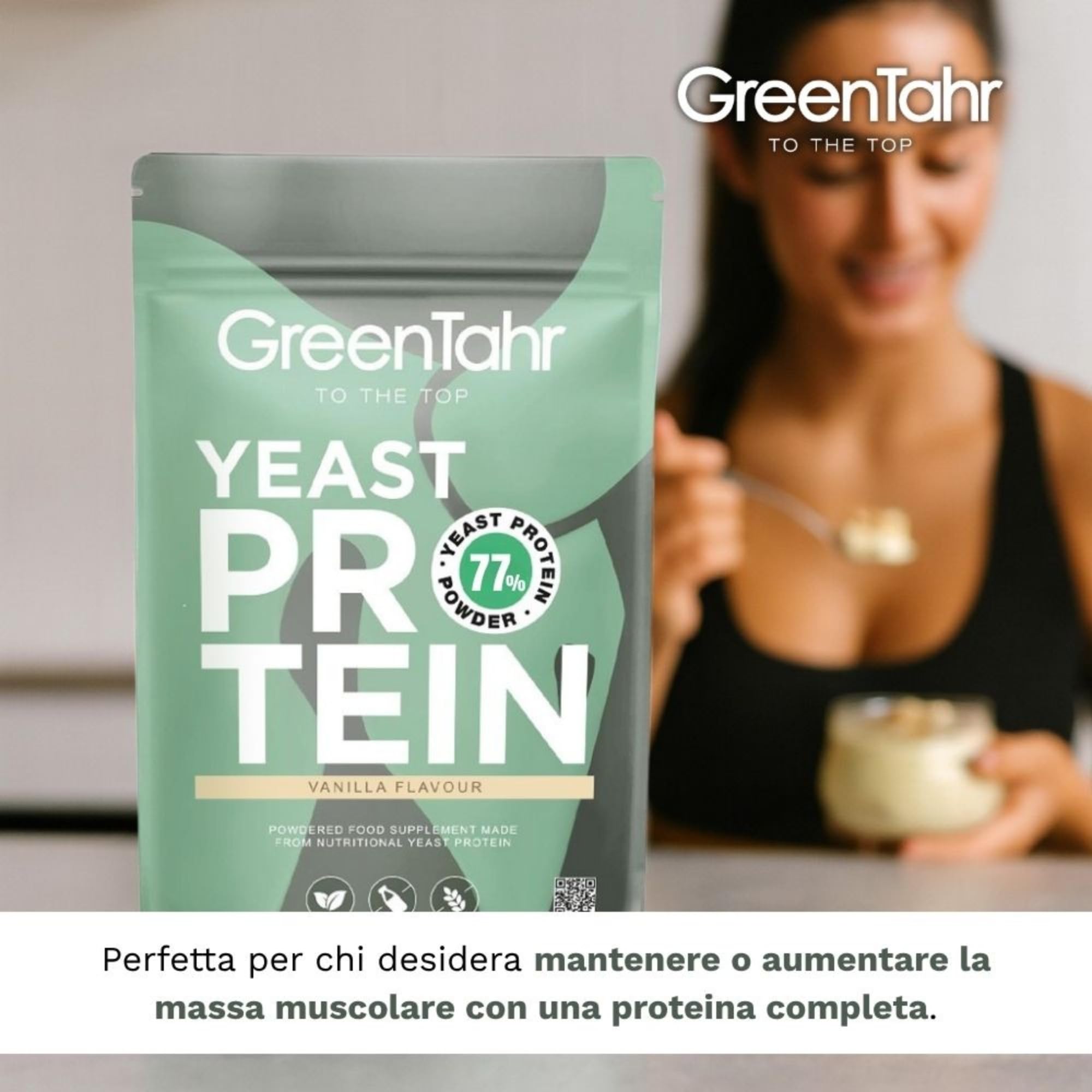 Green Tahr Proteine Vegane in Polvere di Lievito Nutrizionale Inattivo con Aroma di Vaniglia 750g. 77% Proteine per Aumento Massa Muscolare, Origine Non Animale, Senza Zucchero Aggiunto né Glutine