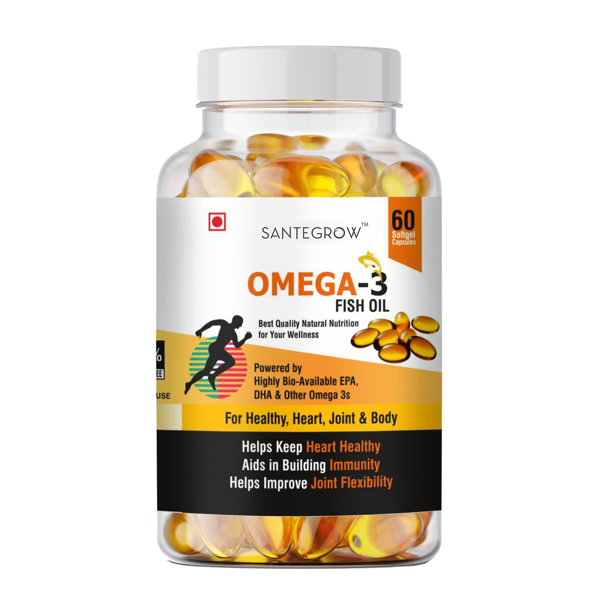 Santegrow Omega3 Fish Oil 1000mg(180mg EPA : 120mg DHA) For Heart, Brain, Joints & Skin & Overall Health for men and women - 60 Softgel Capsules