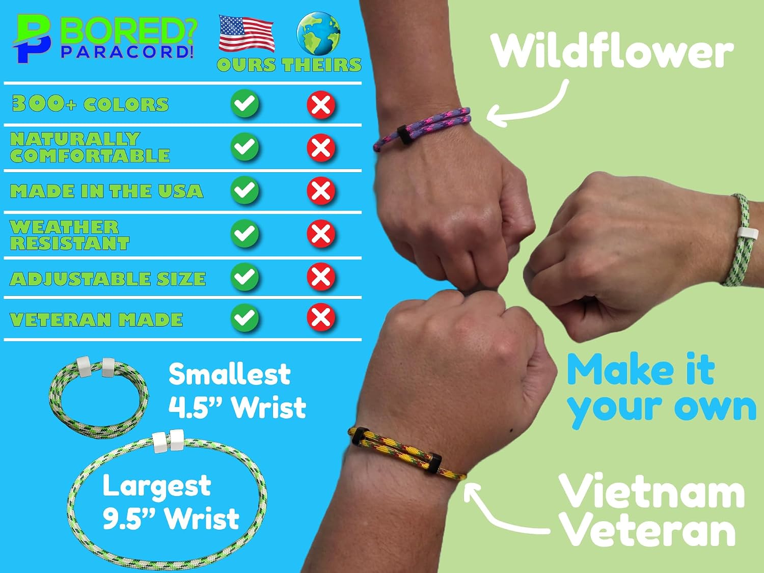 BORED? PARACORD! Adjustable Paracord Sport Bracelet Handmade with Black or White Slides - Over 300 Colors 4" - 9.5" Adjustable