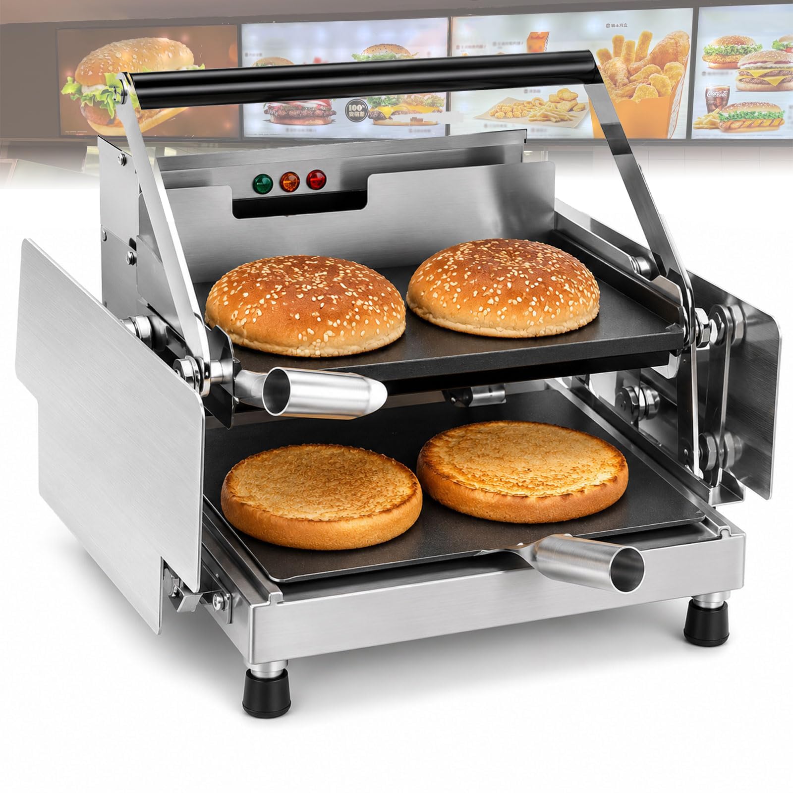 Elektryczny toster do hamburgerów z timerem na 6 hamburgerów | Dwuwarstwowa maszyna do grillowania chleba, regulowana szczelina między płytami 2-4 cm, kontrola temperatury 0-300°C