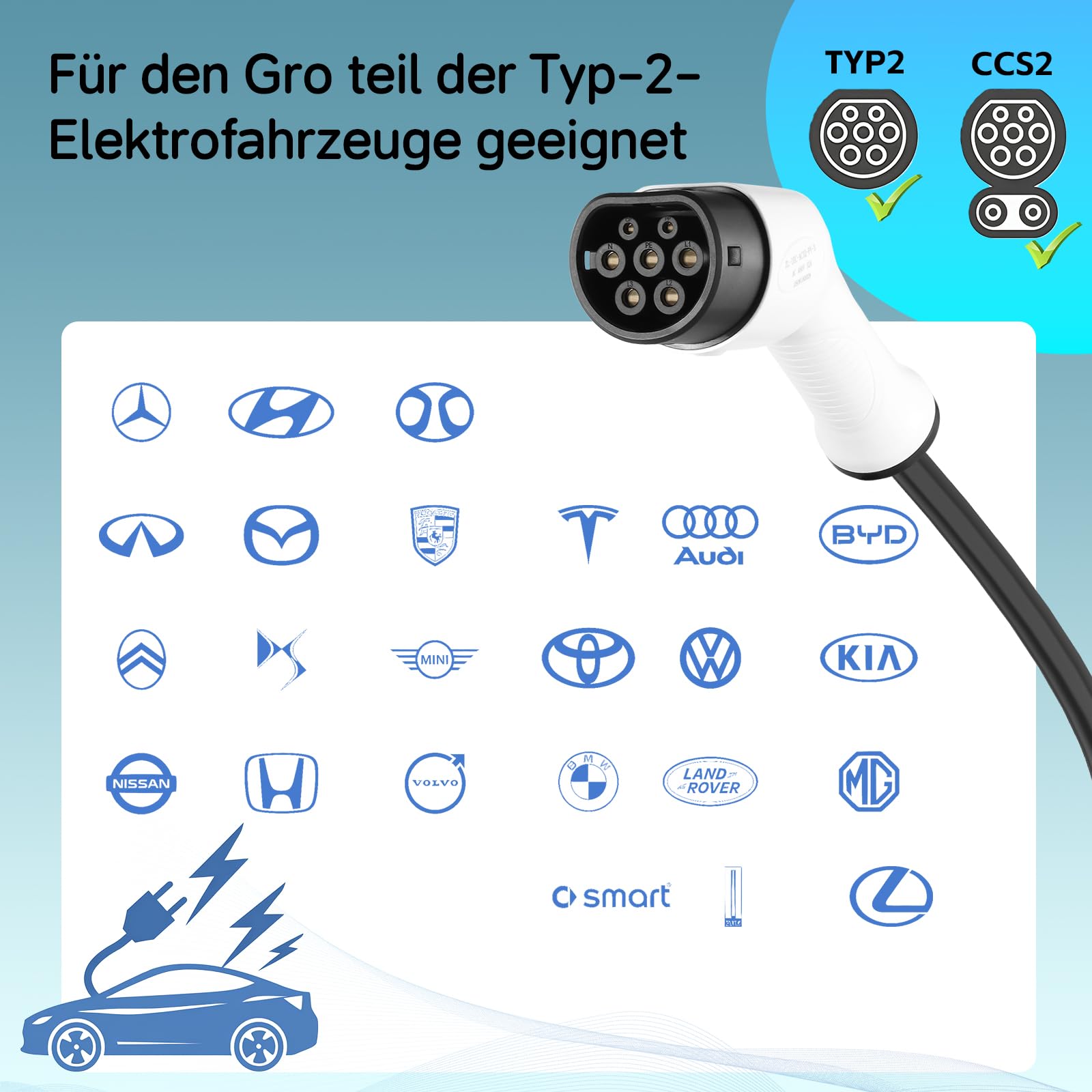 TopAutoGear Typ 2 Ladekabel 22kW 8m 32A 3-Phasen Mode 3 Ladekabel Typ 2 mit Tragetasche für EV/PHEV - E-Auto geeignet für Model X/Y/S/3, e-Golf, ID.3, i3/i8, IP65 wasserdicht