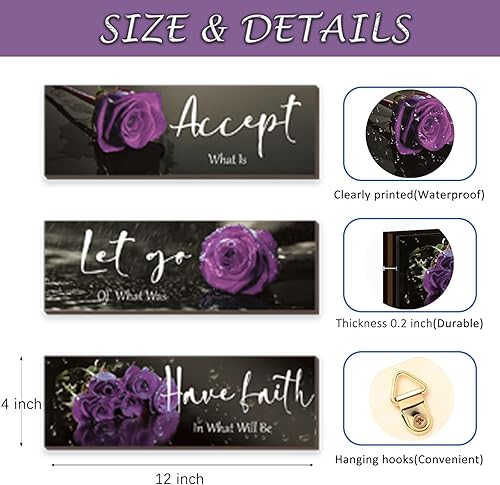 Miniatura 3 de ZINYAZHE 3 piezas de decoración de pared morada, decoración de baño morada, decoración de pared de rosa de madera con citas de aceptar dejar ir