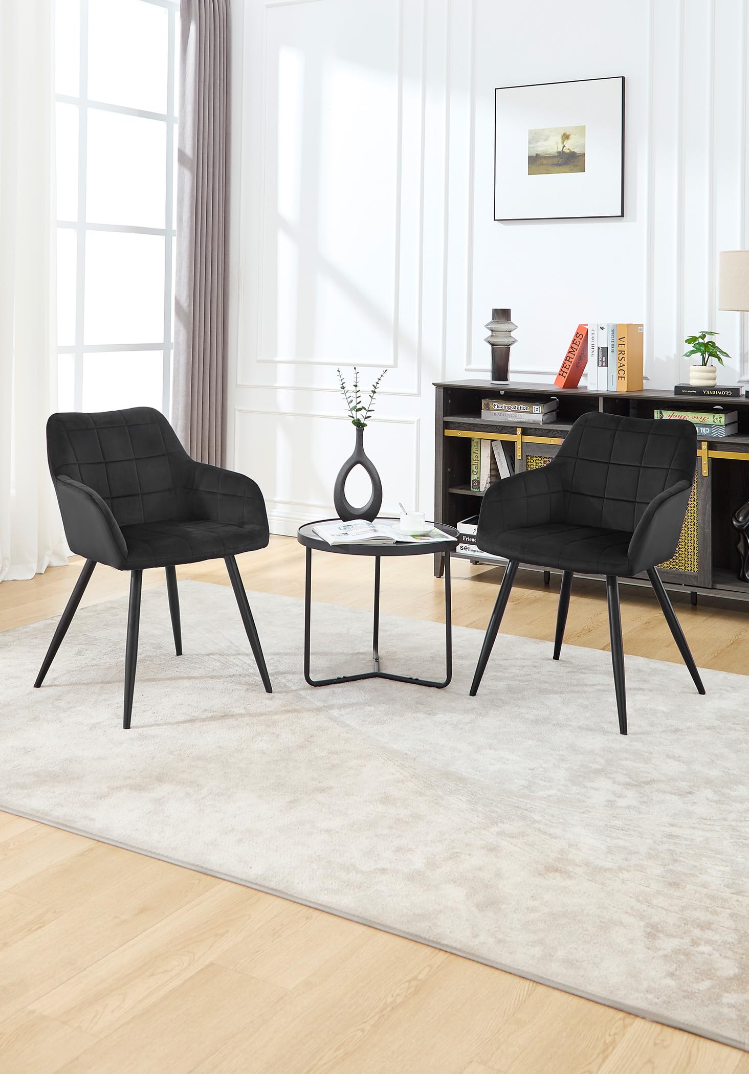WOLTU Sedia per Sala da Pranzo Imbottita, Poltroncina in Velluto,Sedia da Cucina con Braccioli e Schienale, Gambe in Metallo, moderne,Nero,