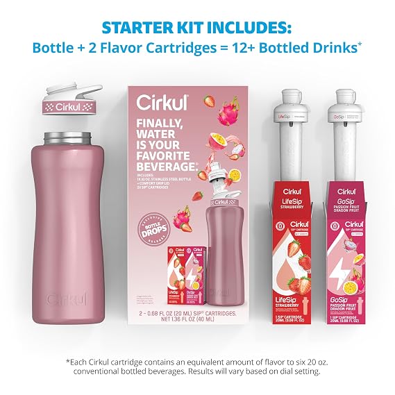 Cirkul 32oz Rose Gold Metal Bottle with Two No Sugar, 0 Cal Flavored Water Sips