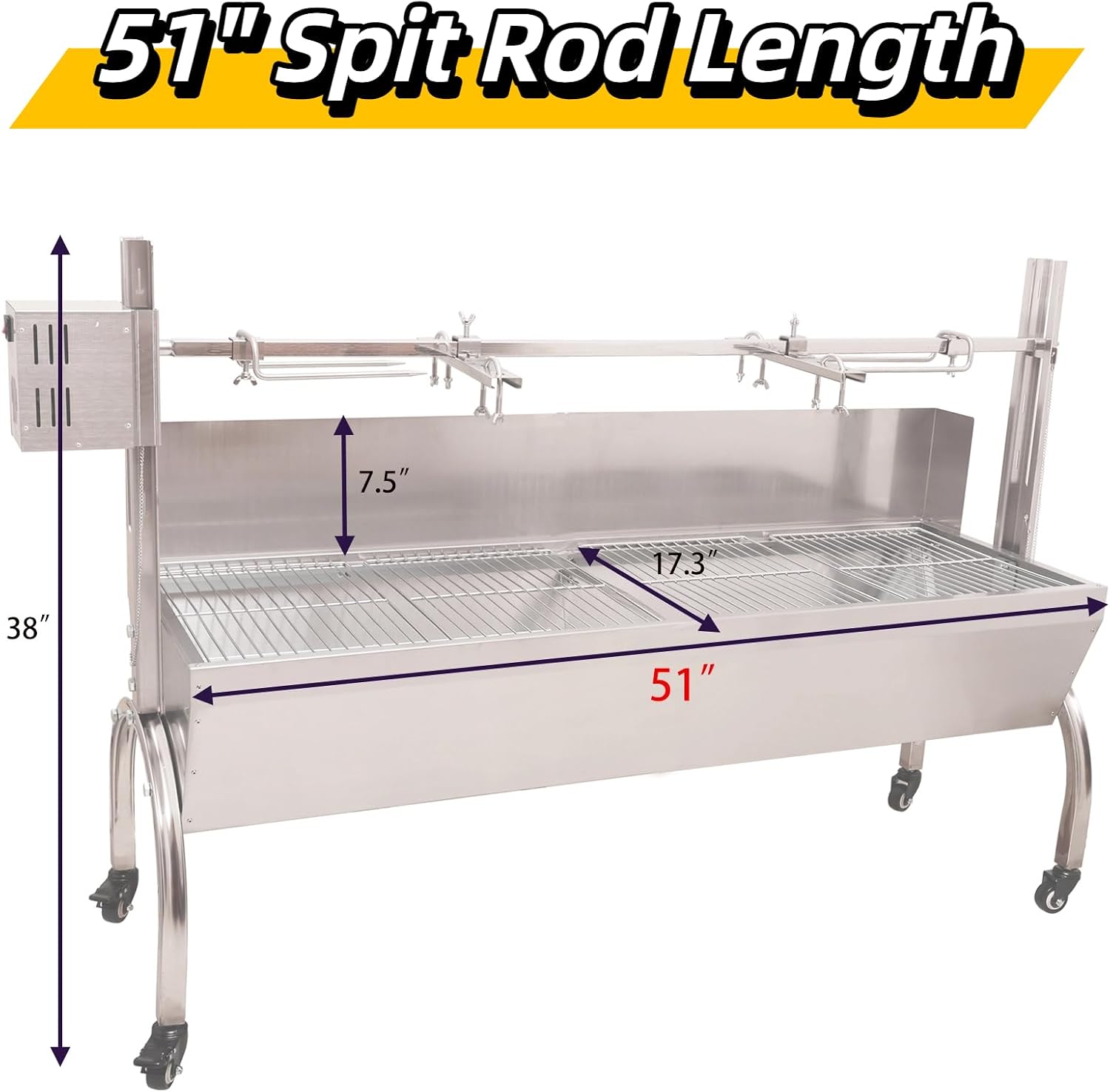 Electric BBQ Rotisserie Grill Roaster With Wind Screen, 51 Inch 132LBS Capacity, Automatic 50W Motor Height Adjustable Stainless Steel, Roaster for Pig Lamb Goat Outdoor Barbecue