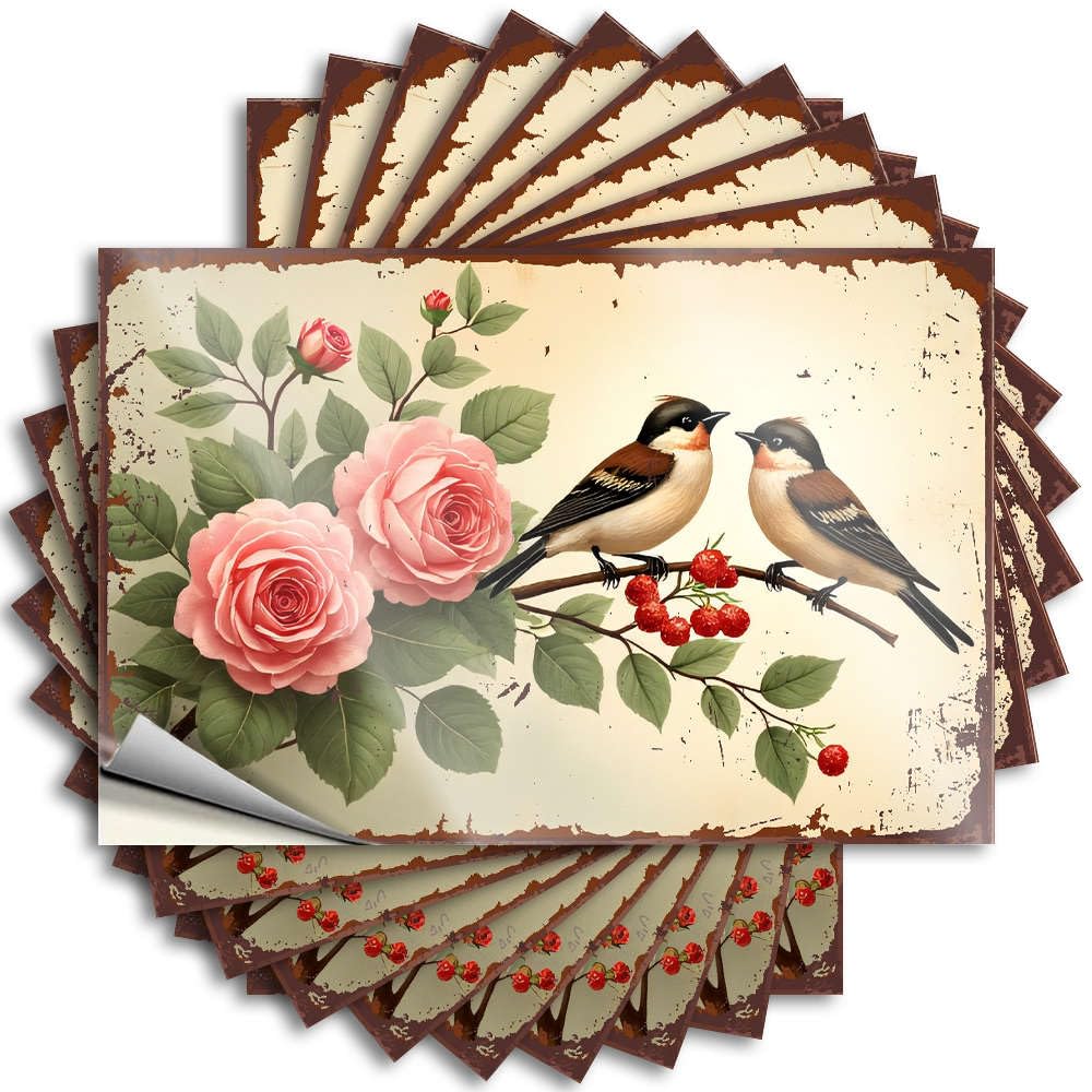 Country Decorations for Home Bumper Quote | Two Birds Perched On A Branch with Roses. Heavy for Taupe Decor(12X18CM)