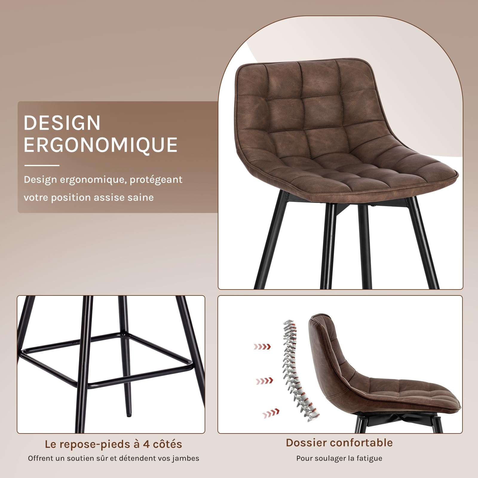 WOLTU 4 X Tabouret de Bar Bistro Chaise de Bar Assise rembourrée en Similicuir avec Pieds et Repose-Pieds en métal,Brun BH249br-4