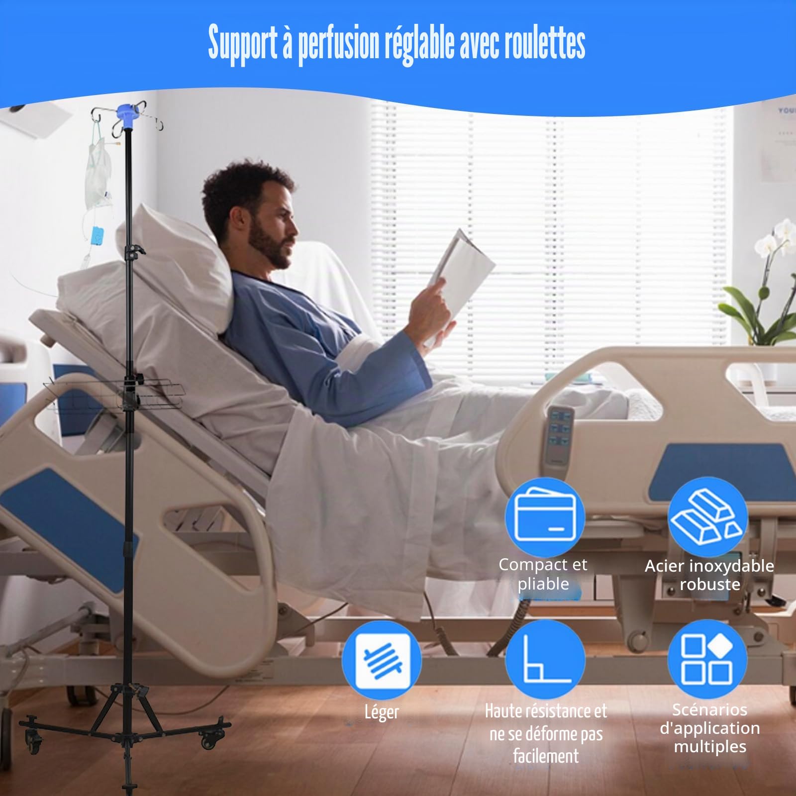 Support de Perfusion avec Roulettes, Potence à Perfusion Réglable, Support de Perche Intraveineuse Pliable avec 4 Crochets, 3 Poches en Filet, Panier de Rangement et Alarme