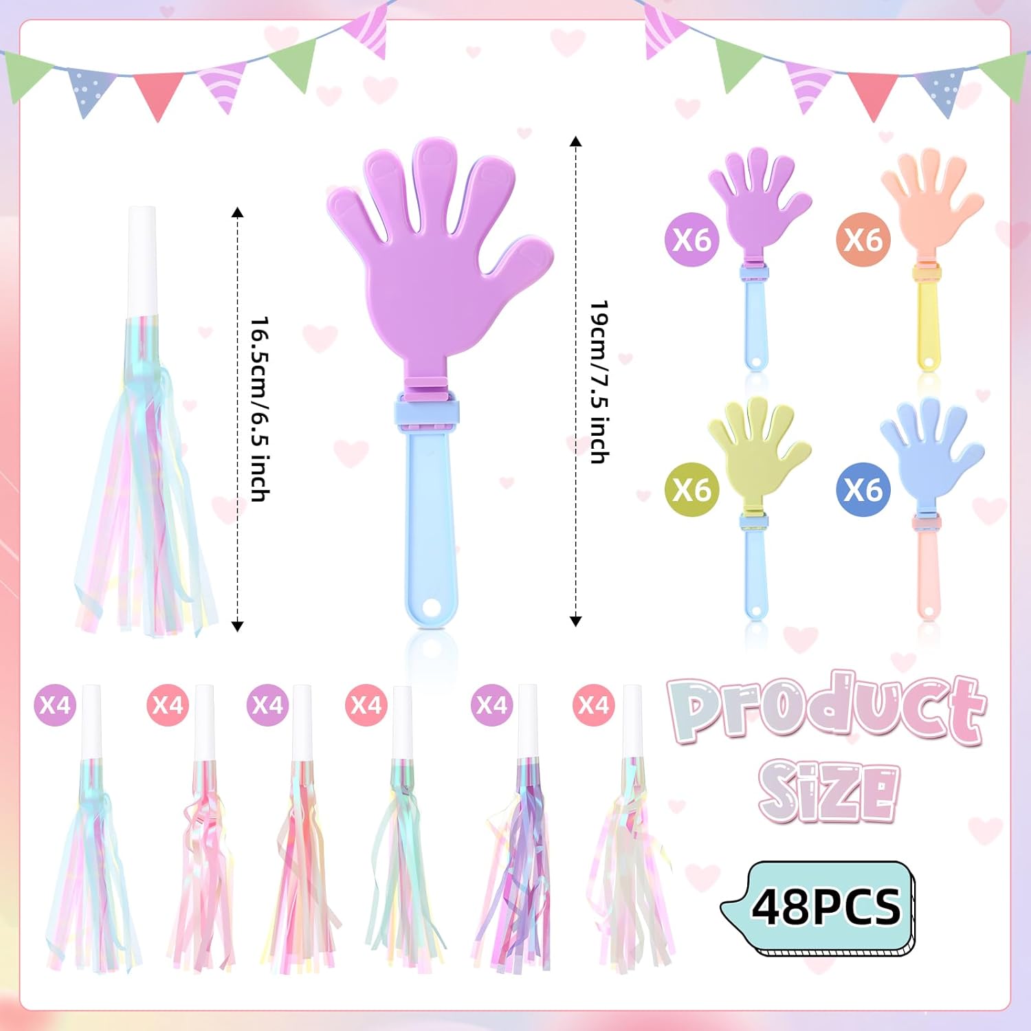 Lenwen 48 Pieces Pink Mermaid Party Noise Makers 24 Hand Clapper Noisemakers 24 Glitter Metallic Fringed Tassel Party Horns for Birthday Sporting Events Adults Carnival Games Rewards Cheer Supplies