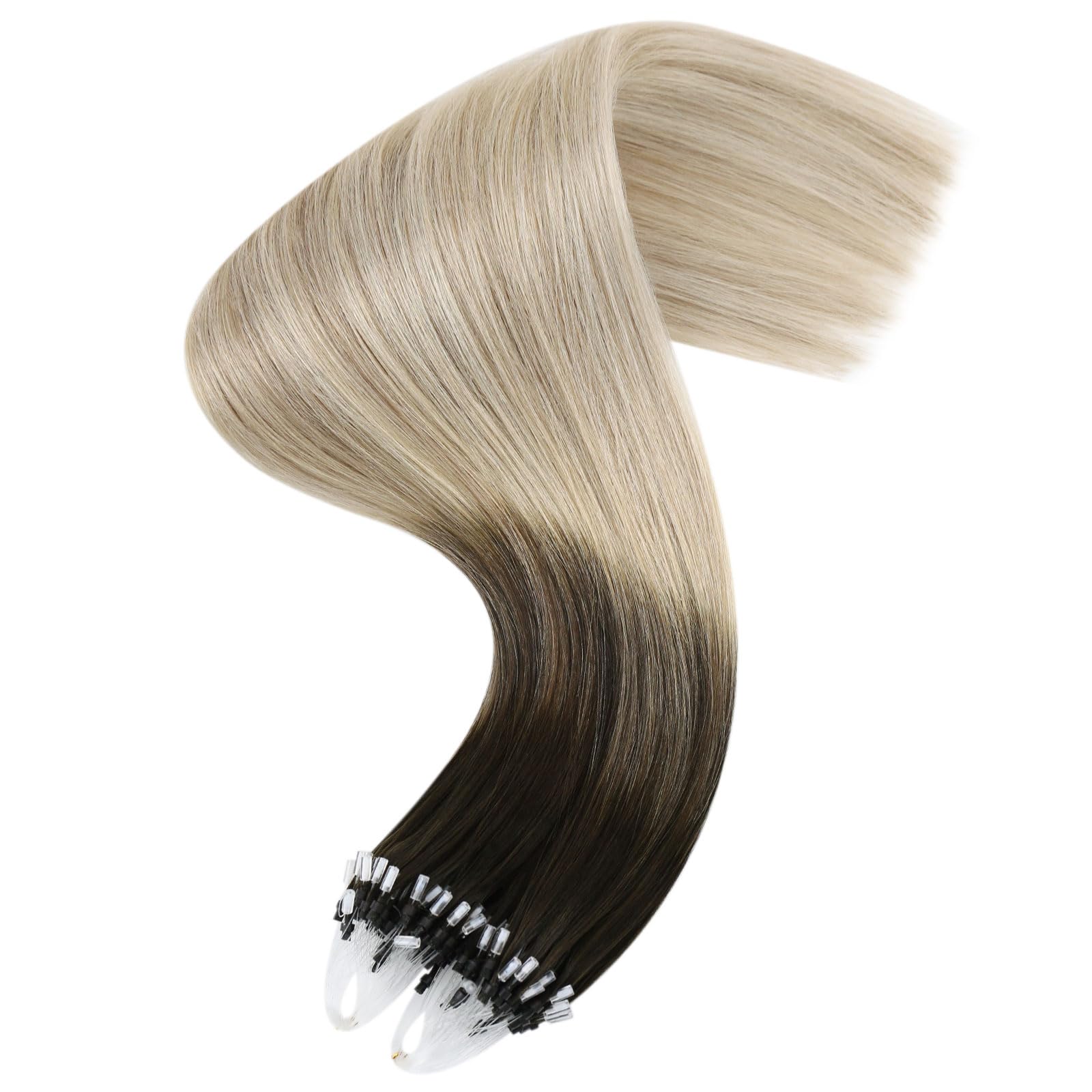 Ugeat Dopinki do włosów z prawdziwych włosów, mikro-pierścienie, brązowe, blond, 55 cm, balejaż, jasnobrązowy, 50 g, 4/14/60