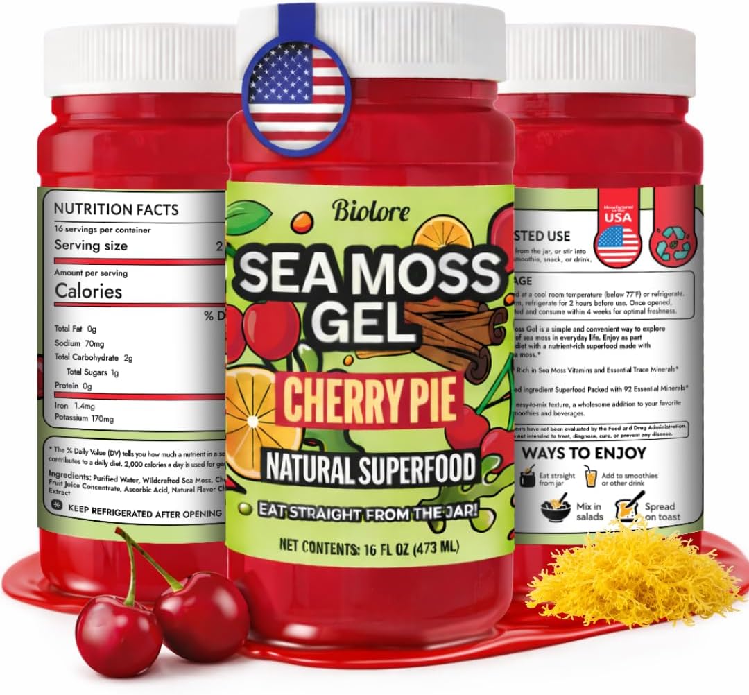 Biolore Cherry Pie Sea Moss Gel 16 oz - No Added Sugar, Vegan, Made in USA - Wildcrafted Sea Moss Superfood with 92 Essential Vitamins - Ready to Use, No Prep Needed