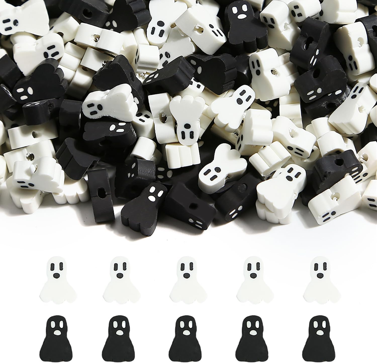 Decoendiy 300Pcs Halloween Clay Beads,Black and White Ghost Beads,Polymer Clay Skull Shaped Flat Loose Cute Ghost Spacer Bead,for DIY Necklaces Bracelets Crafts Supplies