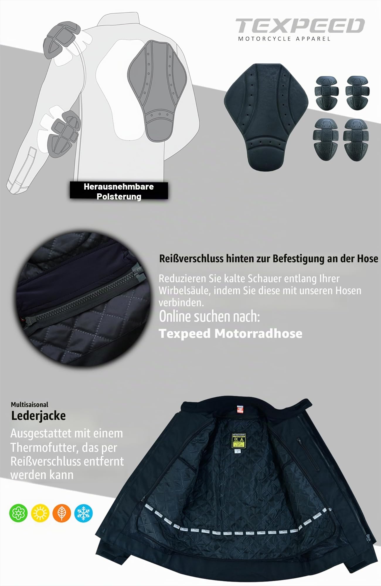 Texpeed Motorrad lederjacke herren mit protektoren - Schwarz Winter/Sommer Gesteppt echtleder Bikerjacke - Motorrad mit original biker rüstung gepanzert (EN 1621-1) Schutz L