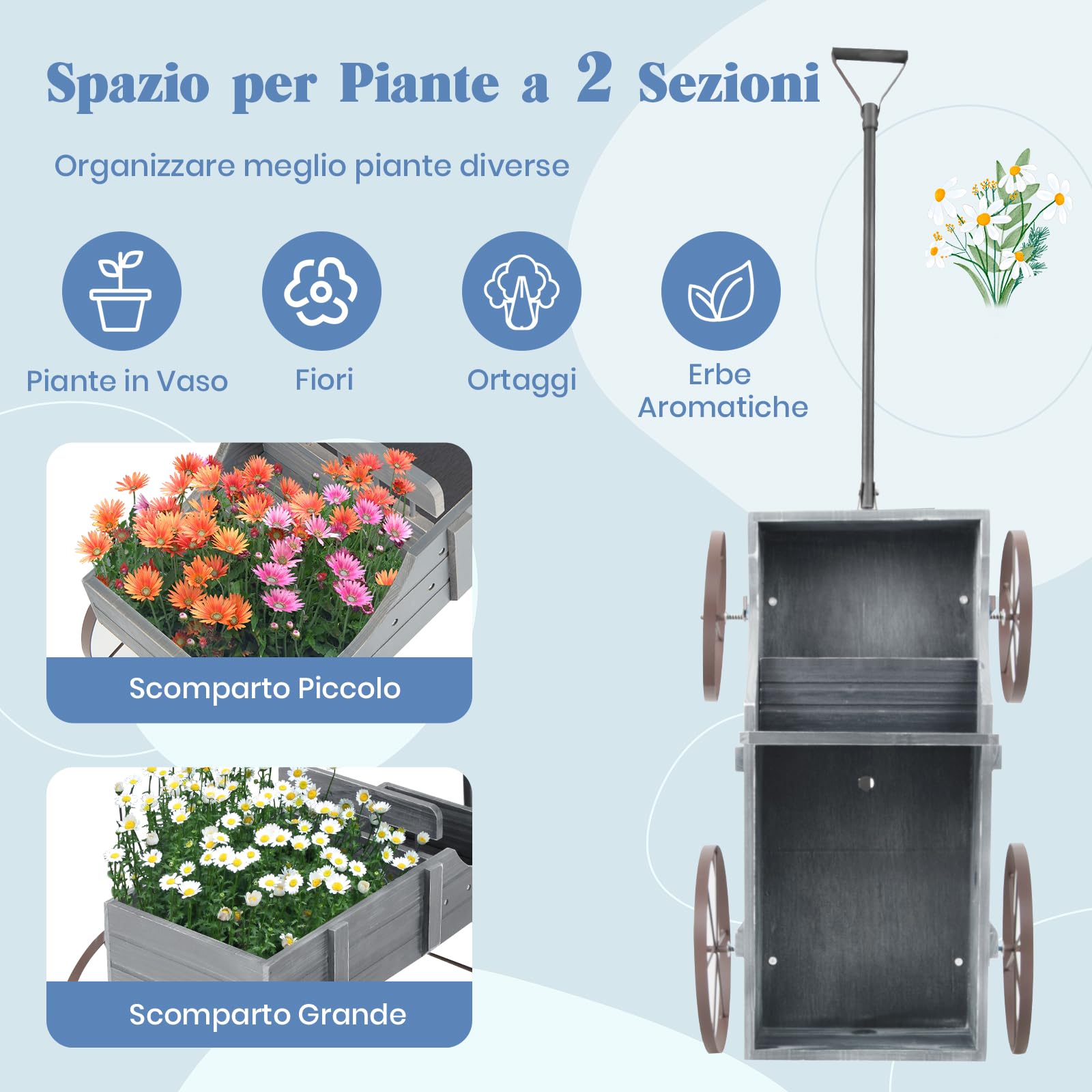 RELAX4LIFE Fioriera da Esterno a Forma di Carriola 62x34x60cm, Fioriera in Legno di Abete con 4 Ruote e Maniglia Regolabile, Carriola Portafiori con Drenaggio per Giardino, Terrazzo, Max 15kg (Grigio)