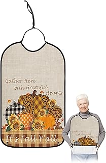 BOBOWUNY Thanksgiving Pumpkin Adult Bibs for Elder Women Men Eating, Farmhouse Brown Plaid Burlap Waterproof & Washable Bibs for Eating Clothing Protector Dining Bibs for Crumb Catcher
