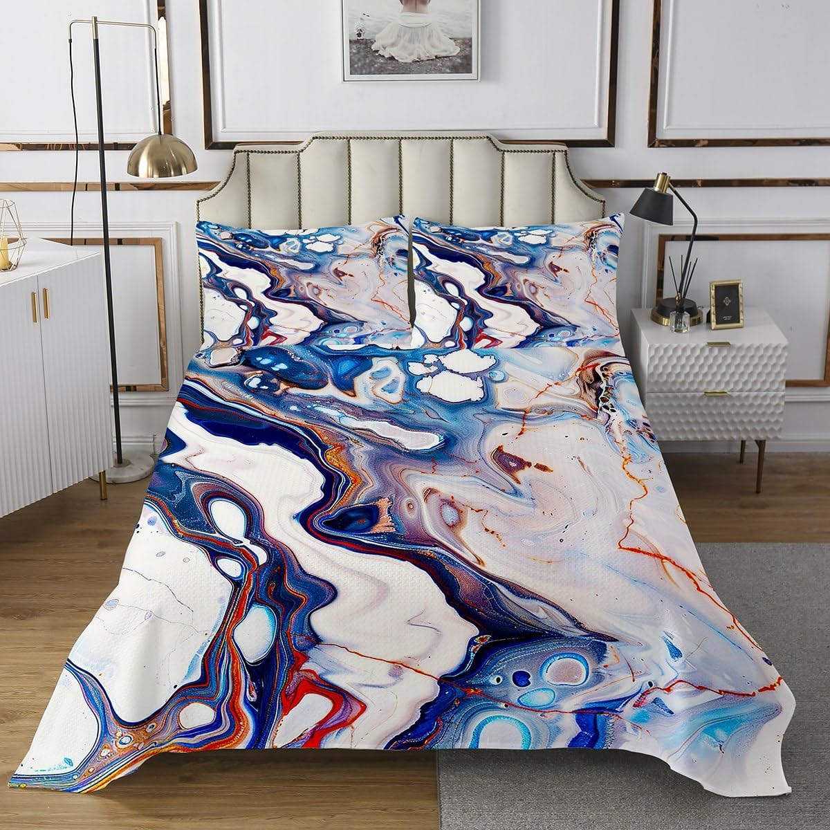 Girls Colorful Marble Quilt Set Women Abstract Marble Texture Coverlet Set for Boys Kids Bright Decor Psychedelic Swirl Bedspread Blue Purple and Coral Red Quilted Bedroom Collection King Size 3Pcs