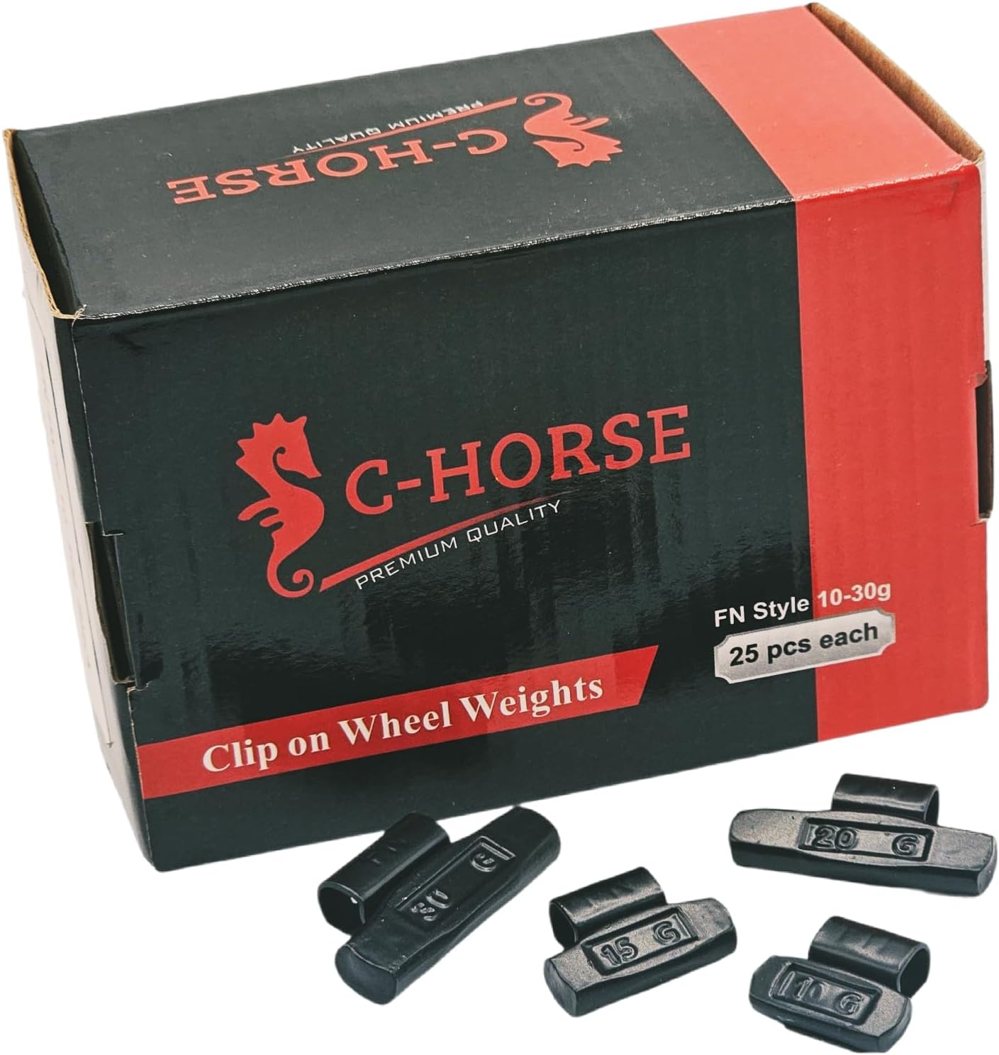 C-HORSE 400Psc Black Coated Clip-On Wheel Weight Assortment - 4 Styles (AW, FN, MC, P)- Hammer Type Rim Balancers - 0.25oz, 0.5oz, 0.75oz, 1.0oz - 100Pcs for Each Style, Fits Steel & Aluminum Wheels