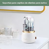 Vista 5 de Portacepillos de dientes para baños, giratorio de 7 ranuras con tapa y drenaje de agua, soporte para cepillos de dientes eléctricos para niños