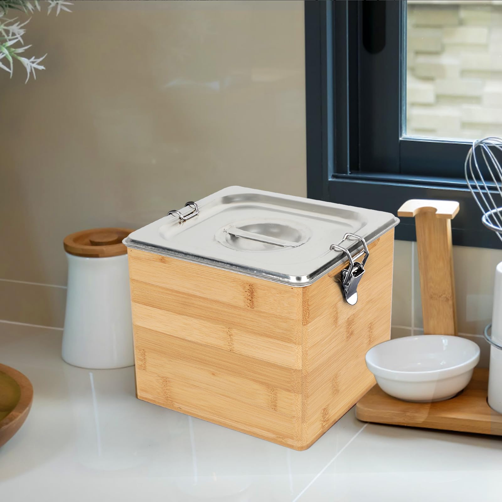 Cubo de compost para cocina, acero inoxidable, cubo de basura orgánica con tapa y caja de madera, a prueba de olores, apto para lavavajillas, contenedor de residuos biológicos para cocina, cubo de