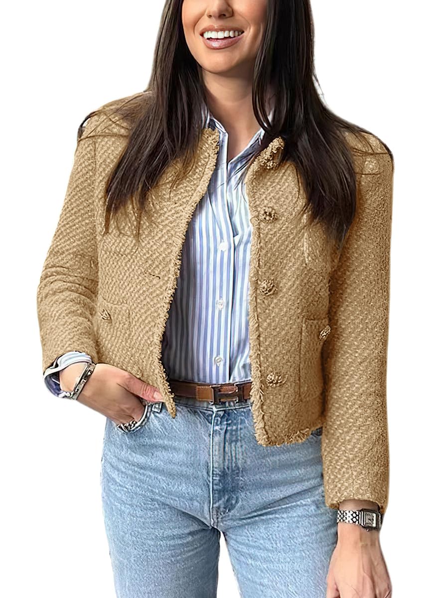chouyatou Womens Fall Business Casual Tweed Jacket Button Down Fringed Tassel Office Work Blazer Coat