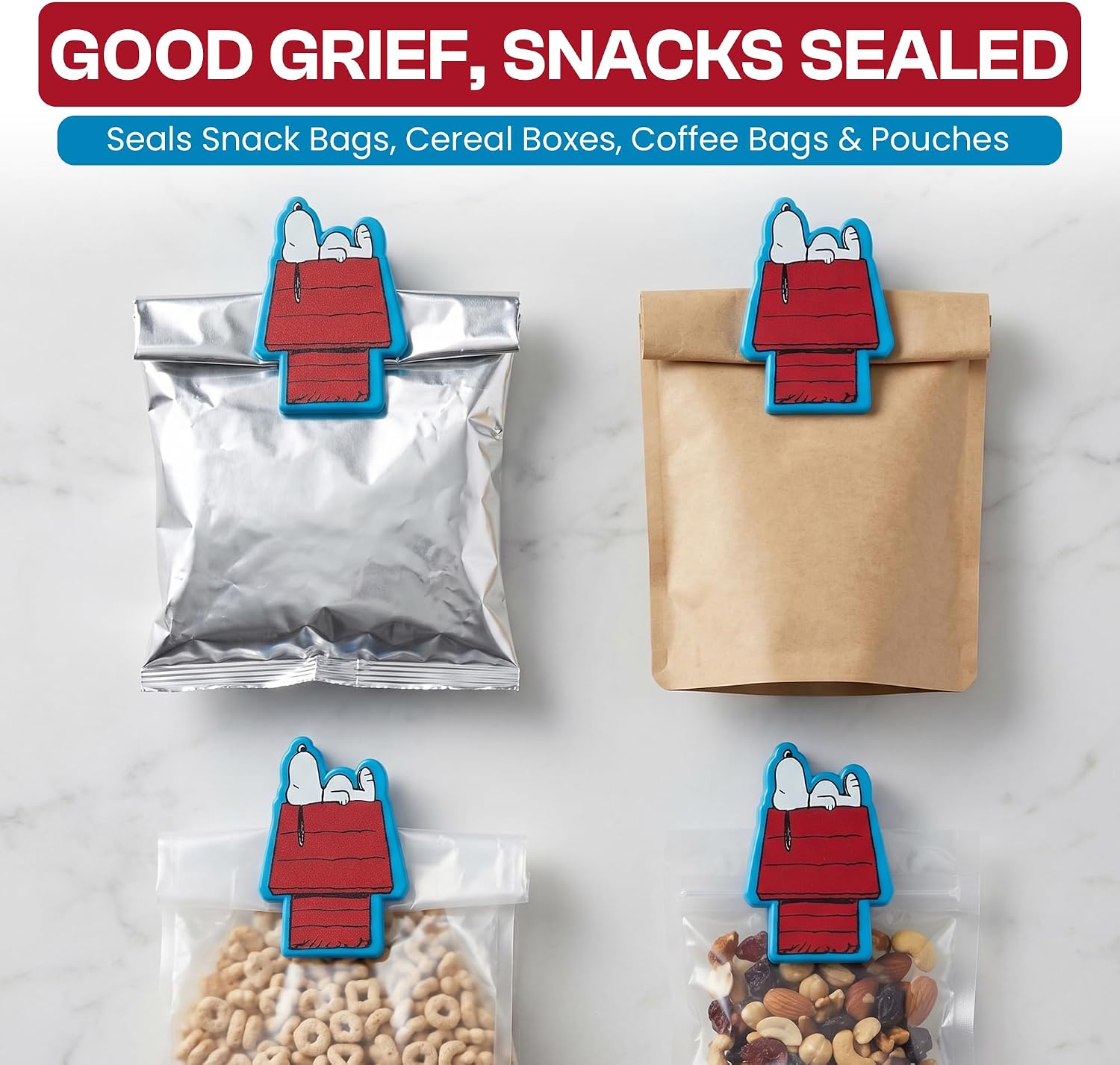 ICUP Peanuts Snoopy Doghouse Magnetic Bag Clips for Food - 4 Pack