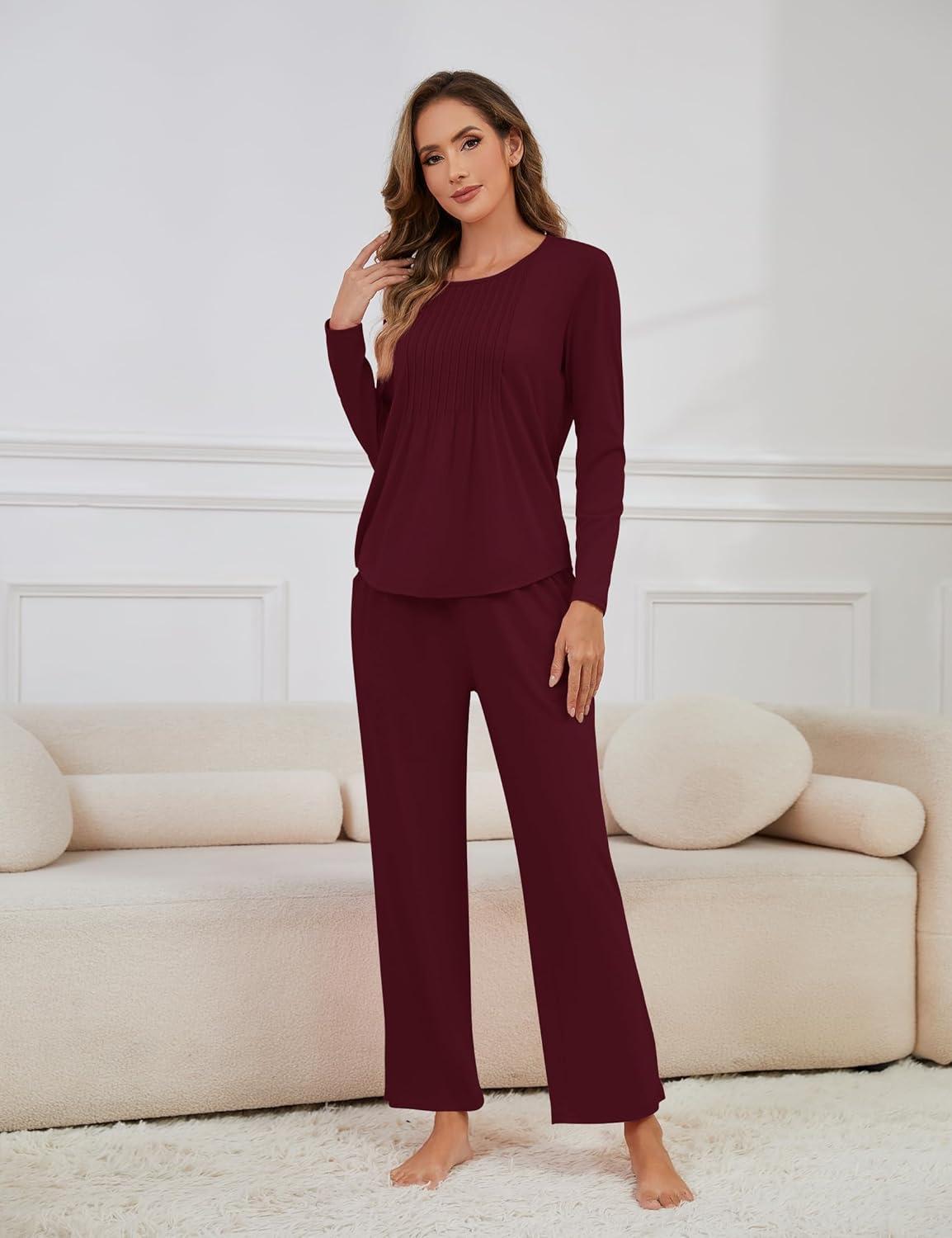 Womens Pajama Sets 2 Piece Lounge Set Sleepwear Soft Loungewear with Pockets Ladies Comfy Long Sleeve wrinkles Pjs - Image 3