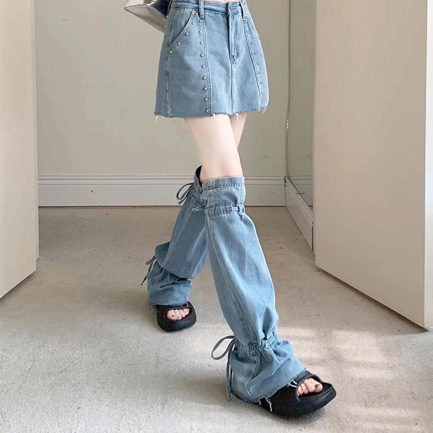 Leg Warmers, Women Pleated Ruched Jeans Leg Warmer with Drawstring Punk Flared Long Socks Denims Thigh High Boot