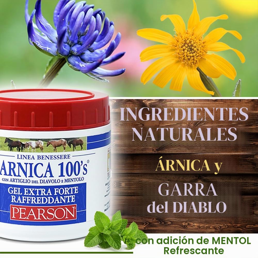 Arnica 100'S - Arnica para Caballos, Gel refrecante Extra Forte de Pearson [500ml], Arnica Gel Forte, Crema con Garra del Diablo y mentol. Pomada regeneradora y Relajante.