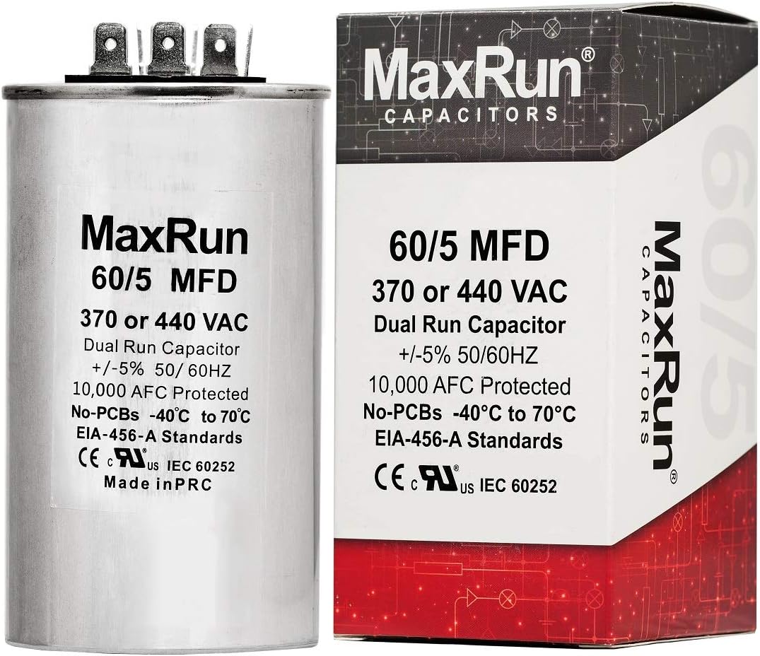 MAXRUN 60+5 MFD uf 370 or 440 Volt VAC Round Motor Dual Run Capacitor for AC Air Conditioner Condenser - 60/5 uf MFD 440V Straight Cool or Heat Pump - Will Run AC Motor and Fan - 1 Year Warranty