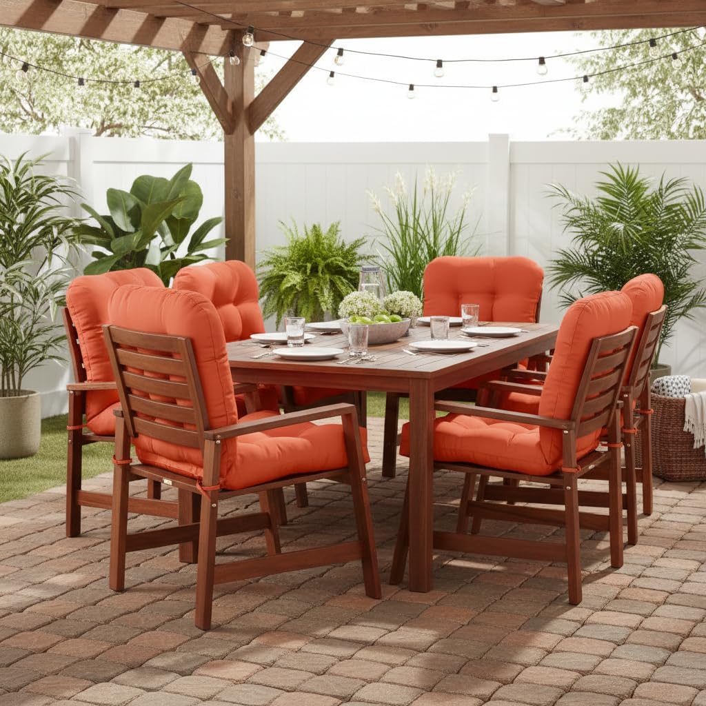 Tufted Outdoor Chair Cushions – Hinged One-Piece Design, Reversible Patio Seat & Back Cushion with Ties, Durable Polyester Fabric, Recycled Polyfiber Fill, Set of 2, Rust