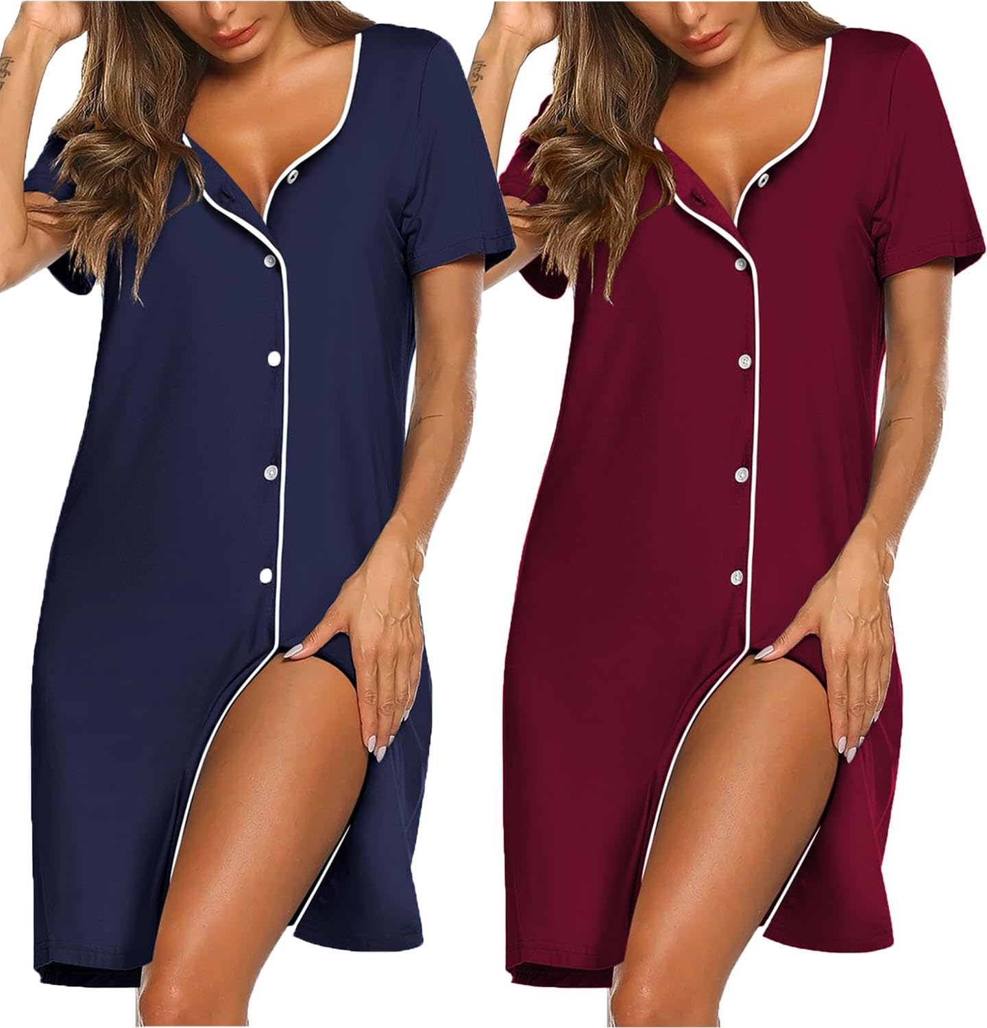 Ekouaer 2er Nachthemd Damen Zum Knöpfen Sleepshirt Kurzarm Schlafshirt V-Ausschnitt Schlafhemd Blumen Zweiteiliger Nachtwäsche S-XXL