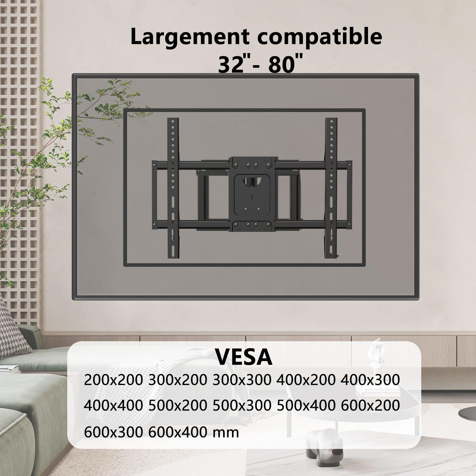 Support Mural TV Inclinable et Orientable avec Bras Long Extension pour 32-80 Pouces Écrans Plats/Incurvés,Fixation Murale TV Ajustable Pivotant à 90 Degrés jusqu'à 50KG Max VESA 600x400 mm
