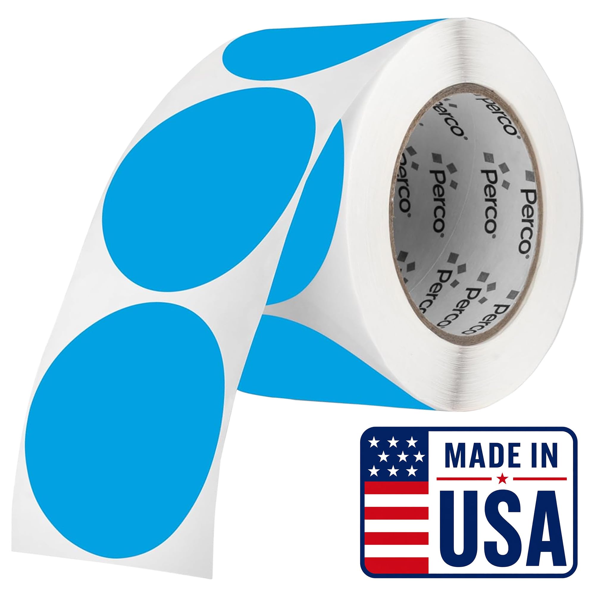 Perco Light Blue Round Circle Dot Sticker 3-Inch Labels with Perforation for Easy Tear-Off, 500 Stickers per Roll - Product Info Labels, Storage Tags &amp; Clean Signage, Strong Adhesive - Made in USA