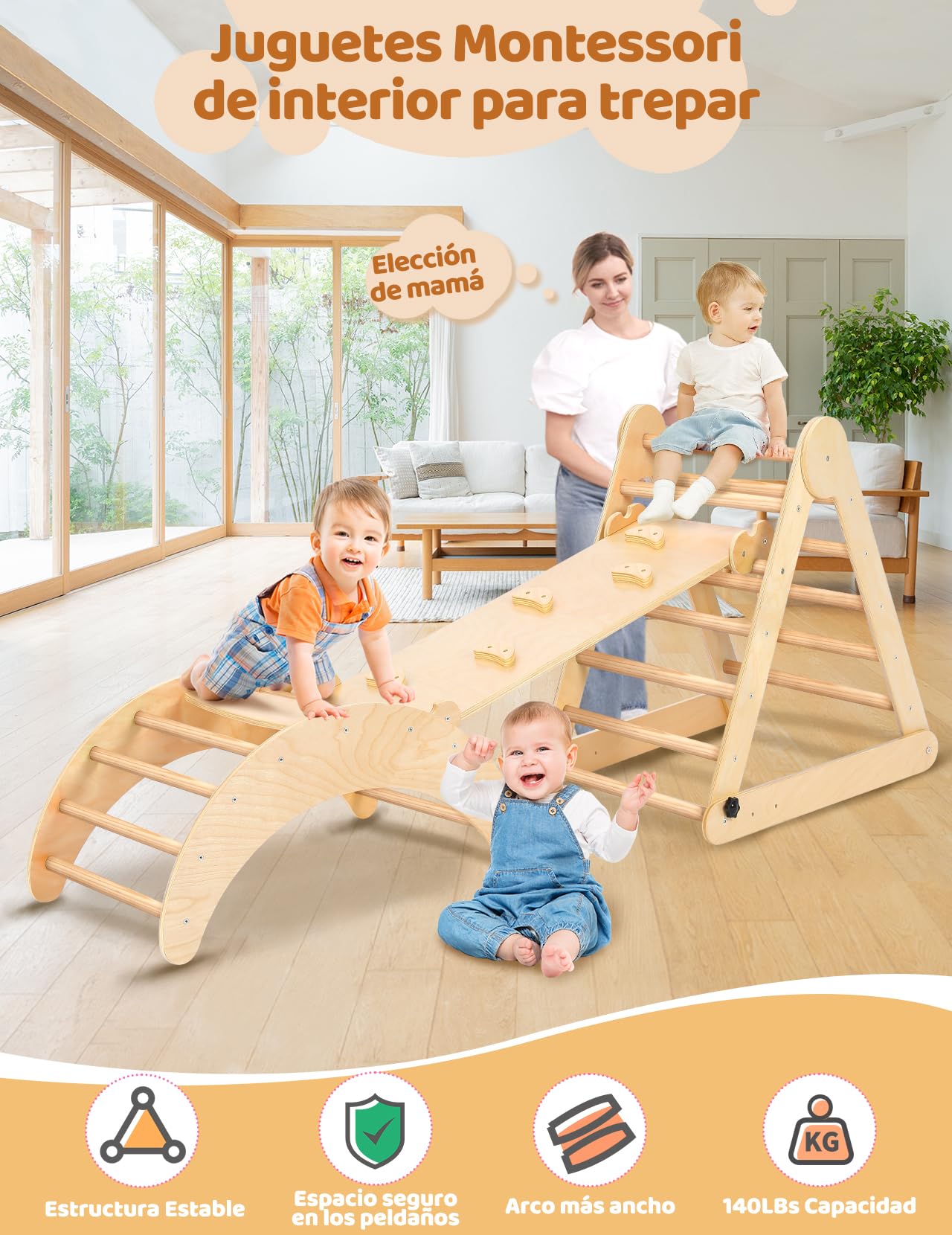 YOLEO Triangle d'escalade, Plegable 3 Piezas Montessori Climbing Frame con Rampa y Arco Balancín, Robusto y Divertido Parque Infantil y Gimnasio para Niños Pequeños 1-6 años