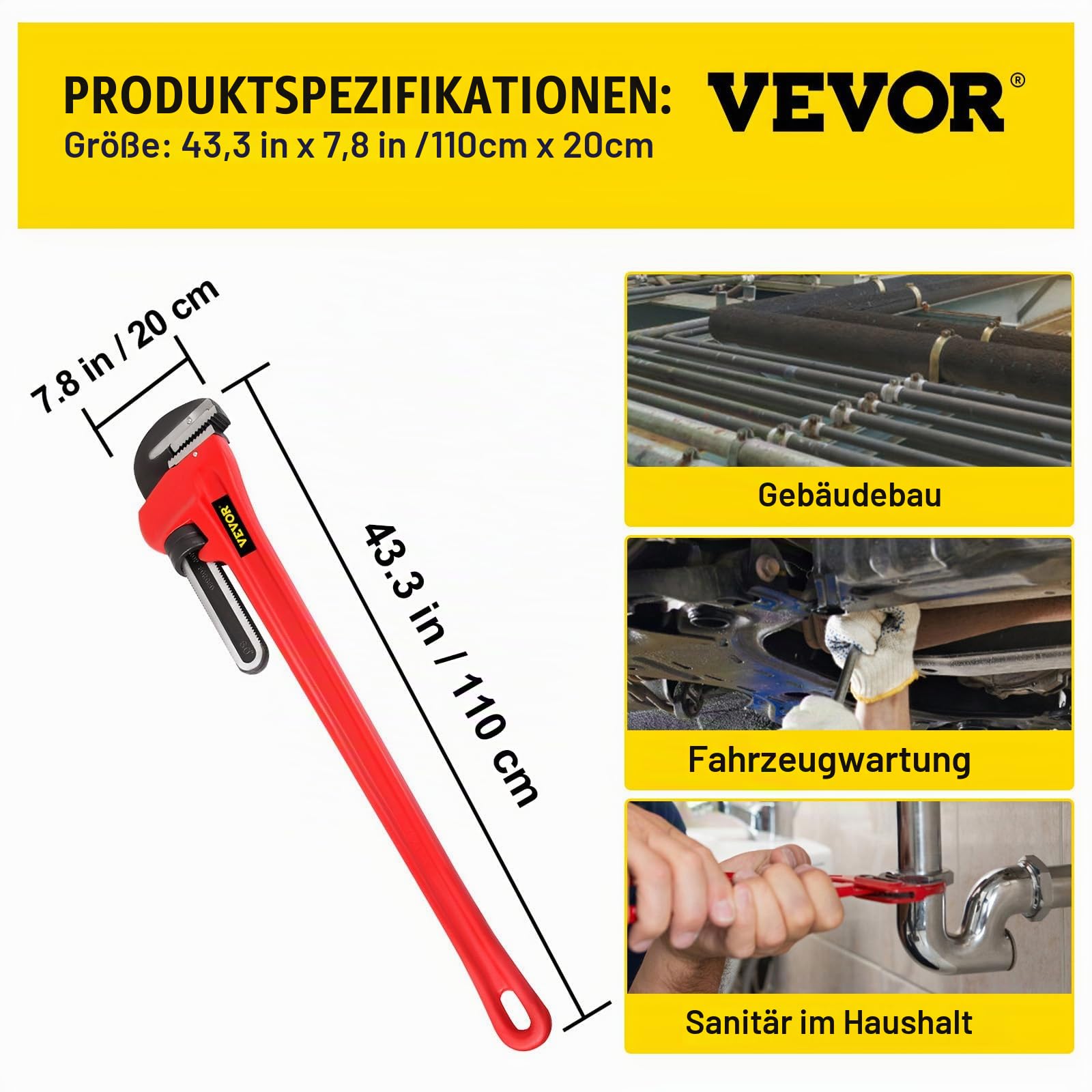 VEVOR Rohrzange Crimpzange Presszange 110 cm, Stahl Rohrzange, Einstellbares Klempnerwerkzeug für Spüle, Wasserhahn, Toilettenschüssel, Bad, Küche, Abfluss, Reparatur, Installation