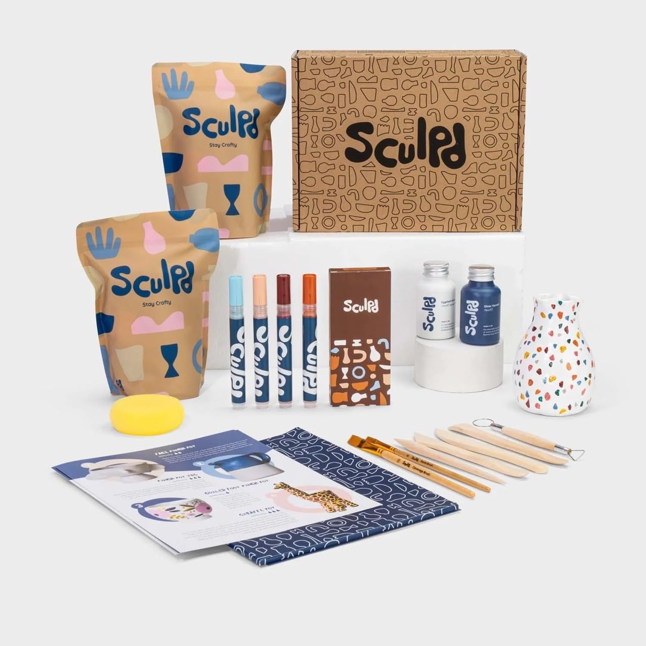 Sculpd Pottery Kit, Air Dry Clay Starter Kit for Beginners with Terracotta Paint