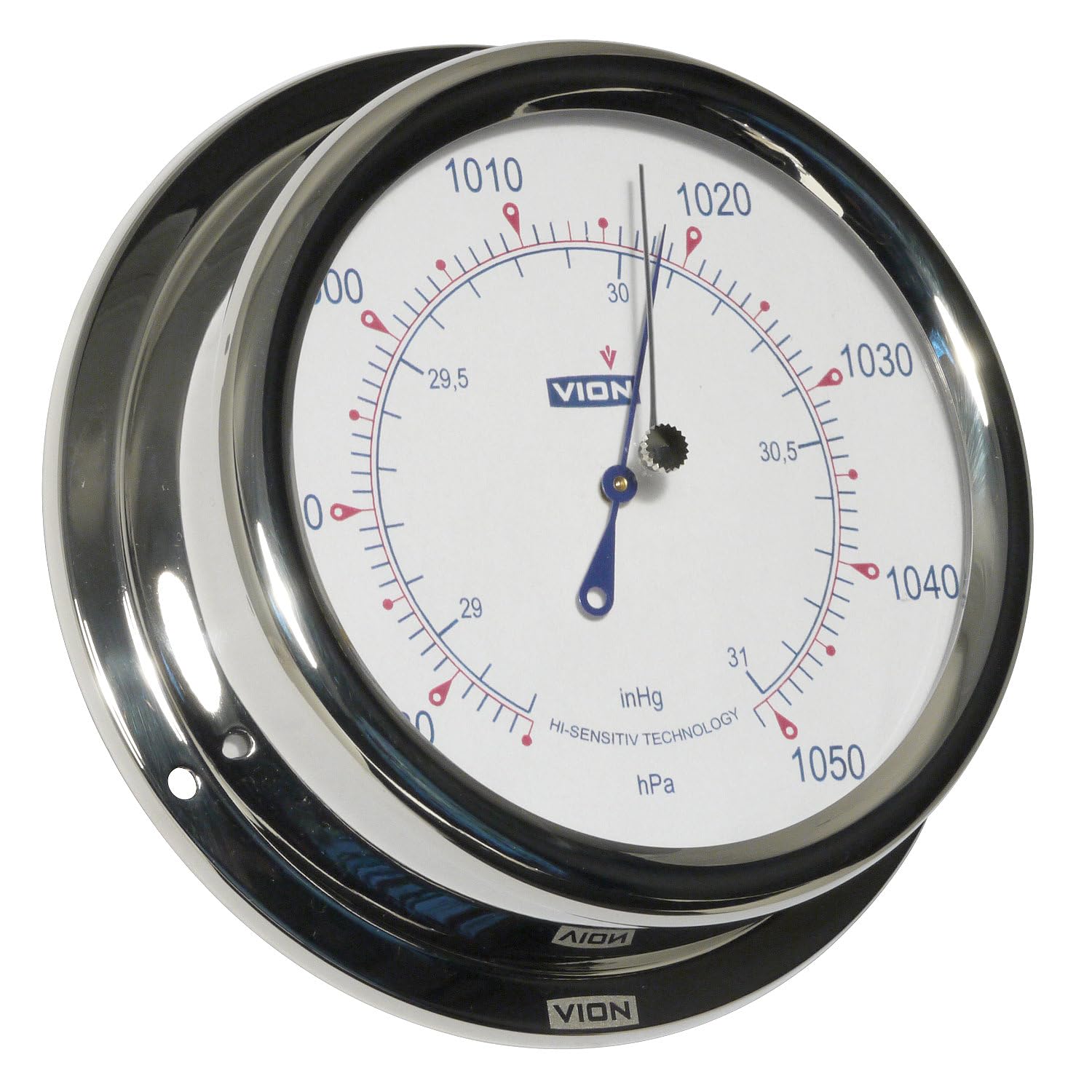 DELITE Barometer Vion HI-SENSITIV, Edelstahl poliert, weisses Zifferblatt, Durchmesser 150 mm, Tiefe 42 mm, 3 Jahre Garantie, hergestellt in Dänemark