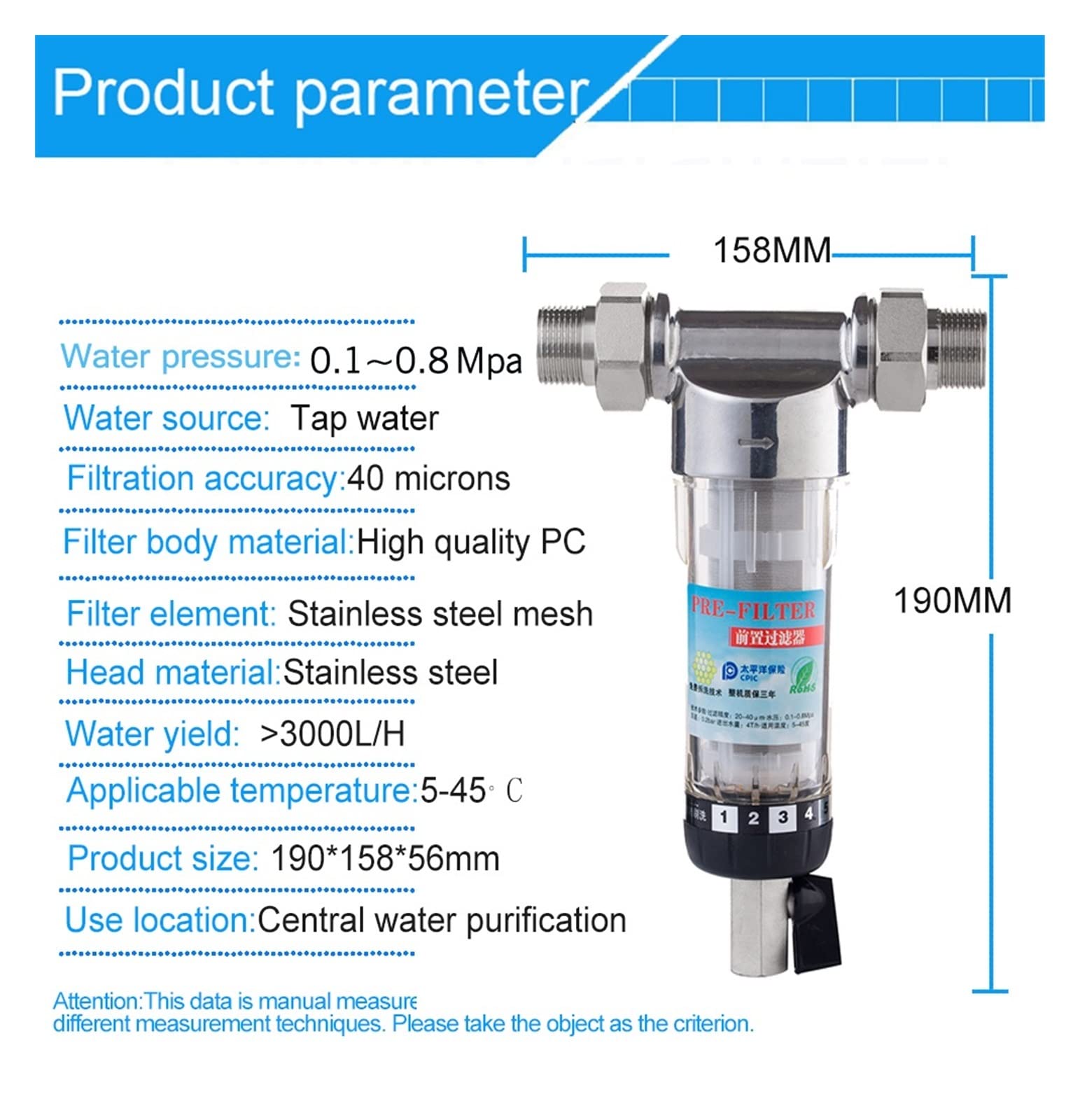 Prefiltro de cabeza acero inoxidable, filtro agua precipitación rotatorio for toda la casa, purificación prefiltración central Materiales seguros(1 inch -0.75 inch)