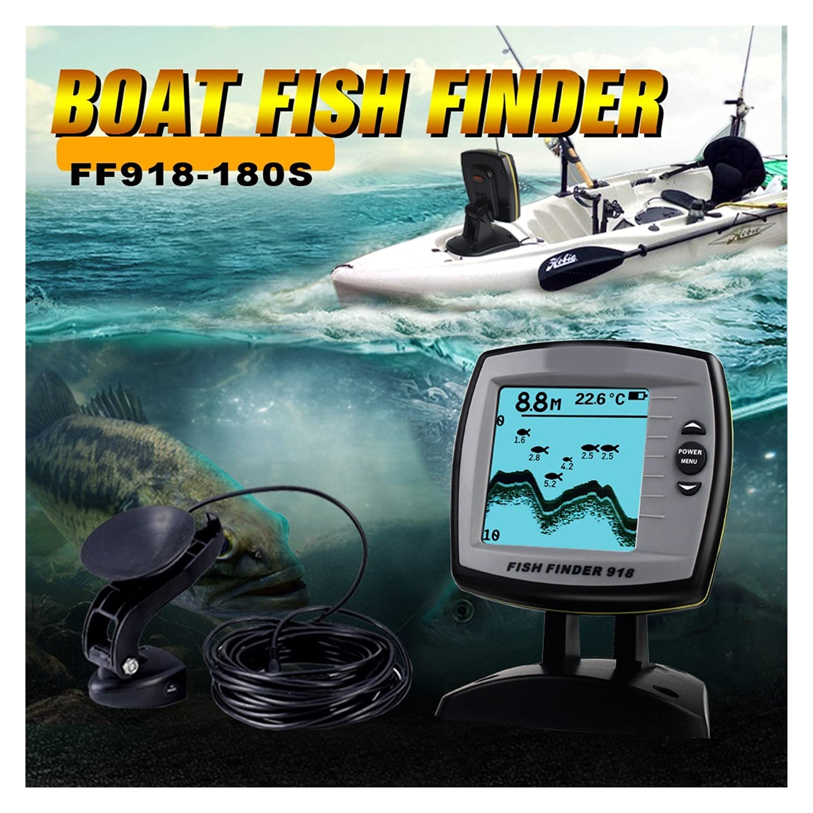 Fiseur de pêche Capteur de transducteur câblé Fishfinder 45 degrés Echo LCD Détecteur de Poisson de pêche de la localisation de Poisson,Rechargeable Longue DuréE